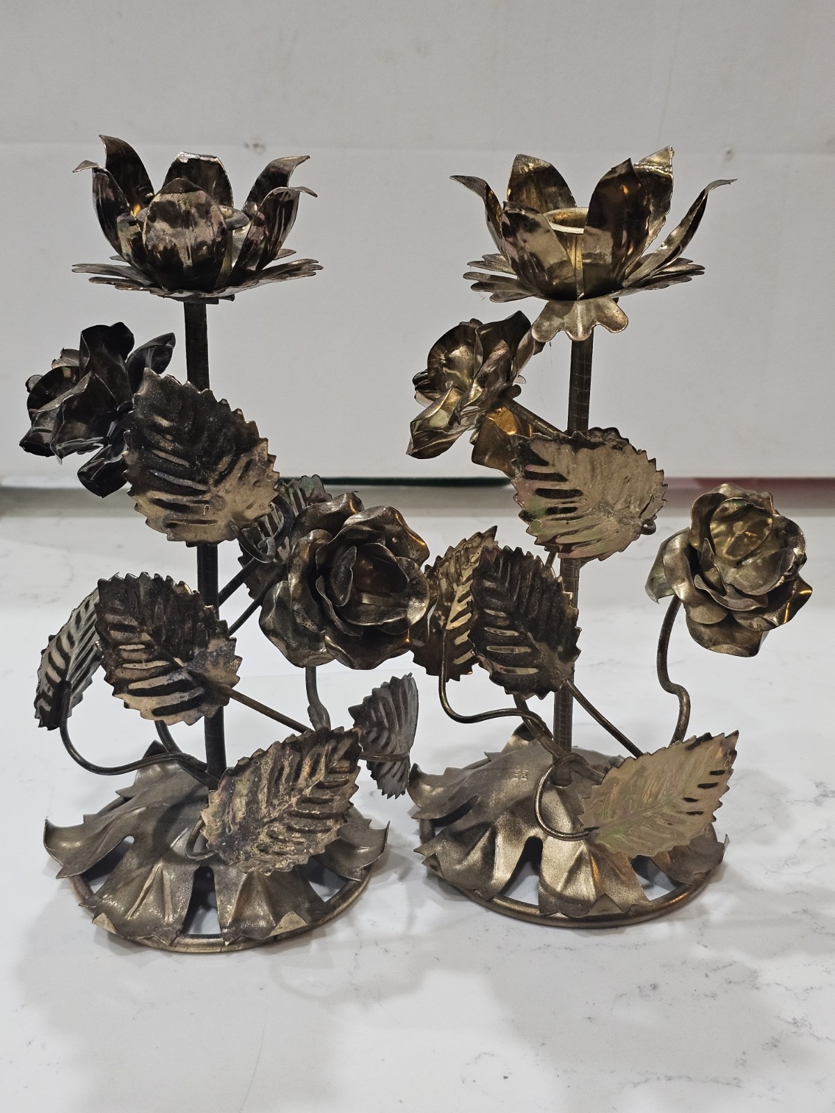 Vintage Floral Gold Toned Metal Scupture Hollywood Regency Candlestick Holders