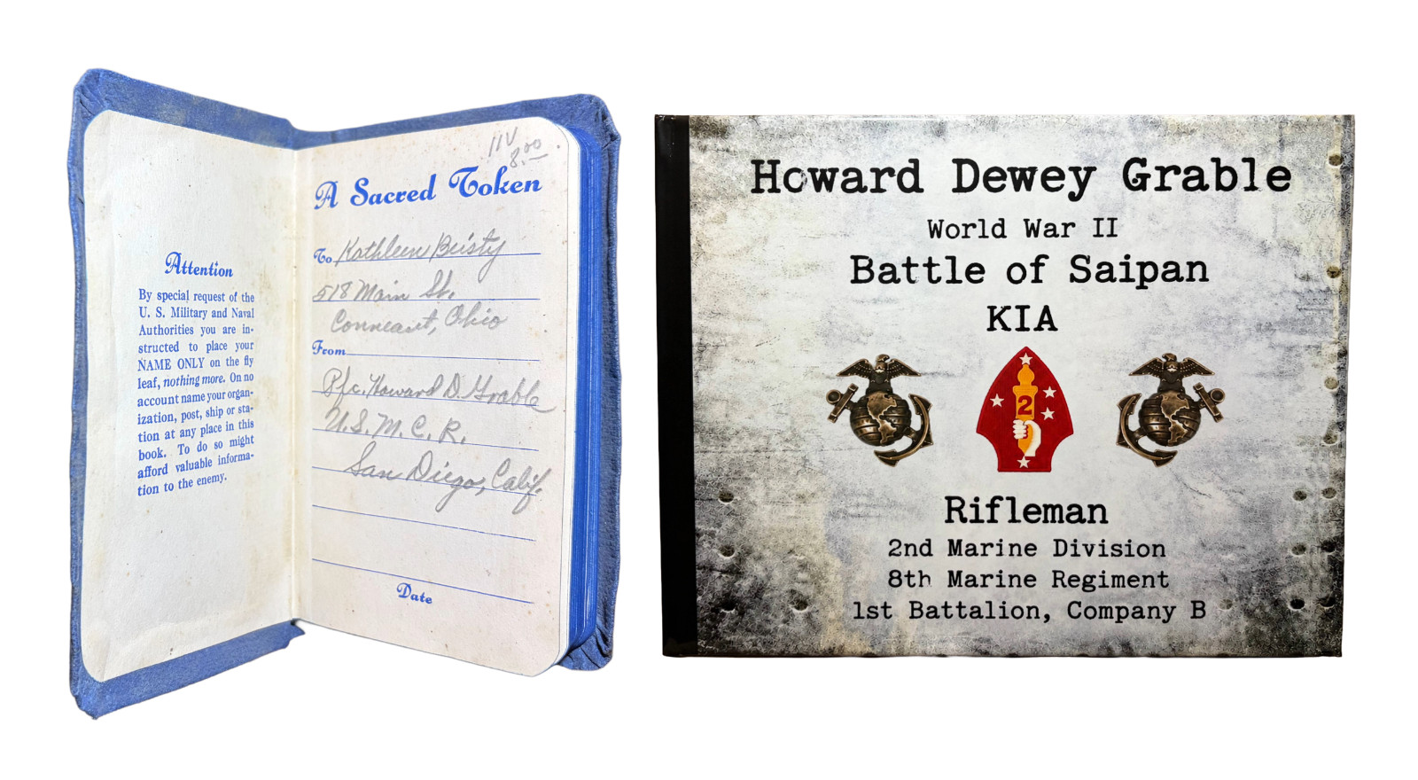WWII USMC KIA Rifleman Named Marine Pocket Bible + Illustrated Hardcover