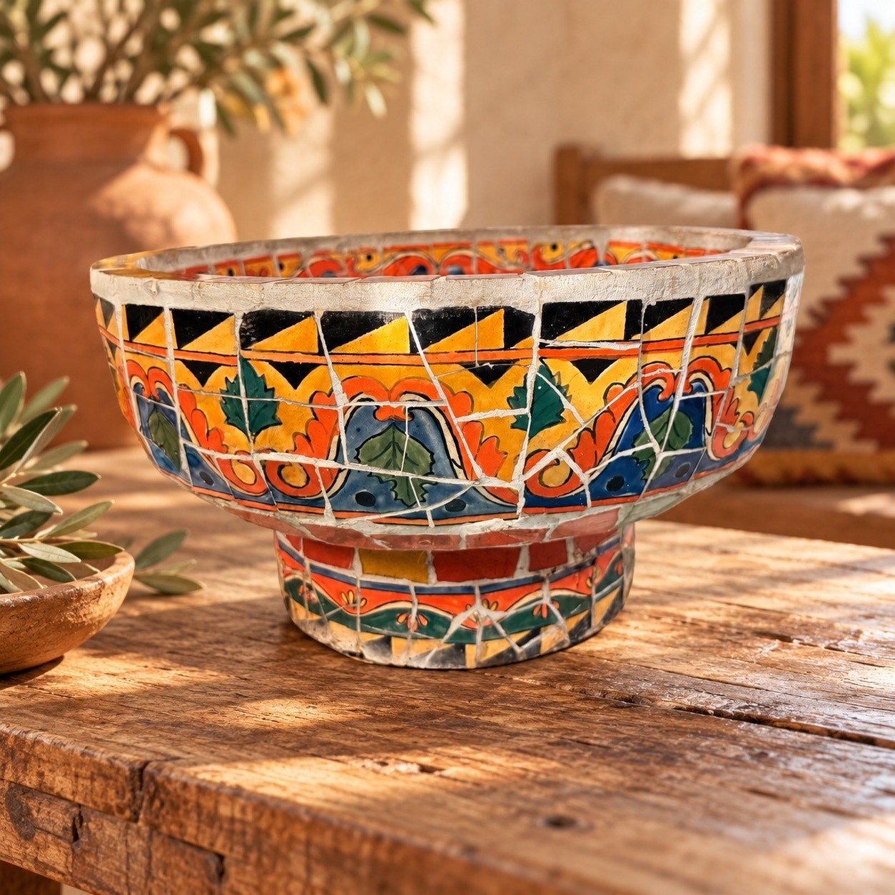 Vintage Mid Century Talavera Style Mosaic Tile Cement Pedestal Bowl Jardiniere