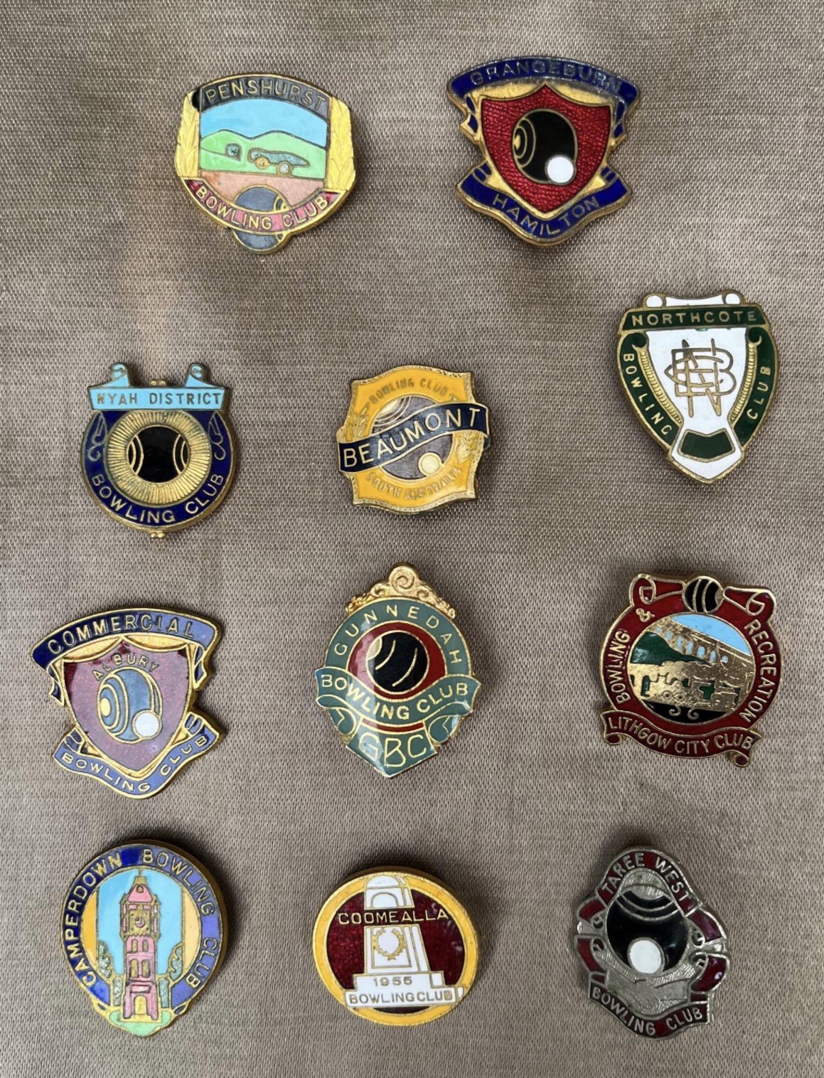 Vintage 50s Lawn Bowling Club Enamel Badge Lot of 11 Collectable Pins Australia