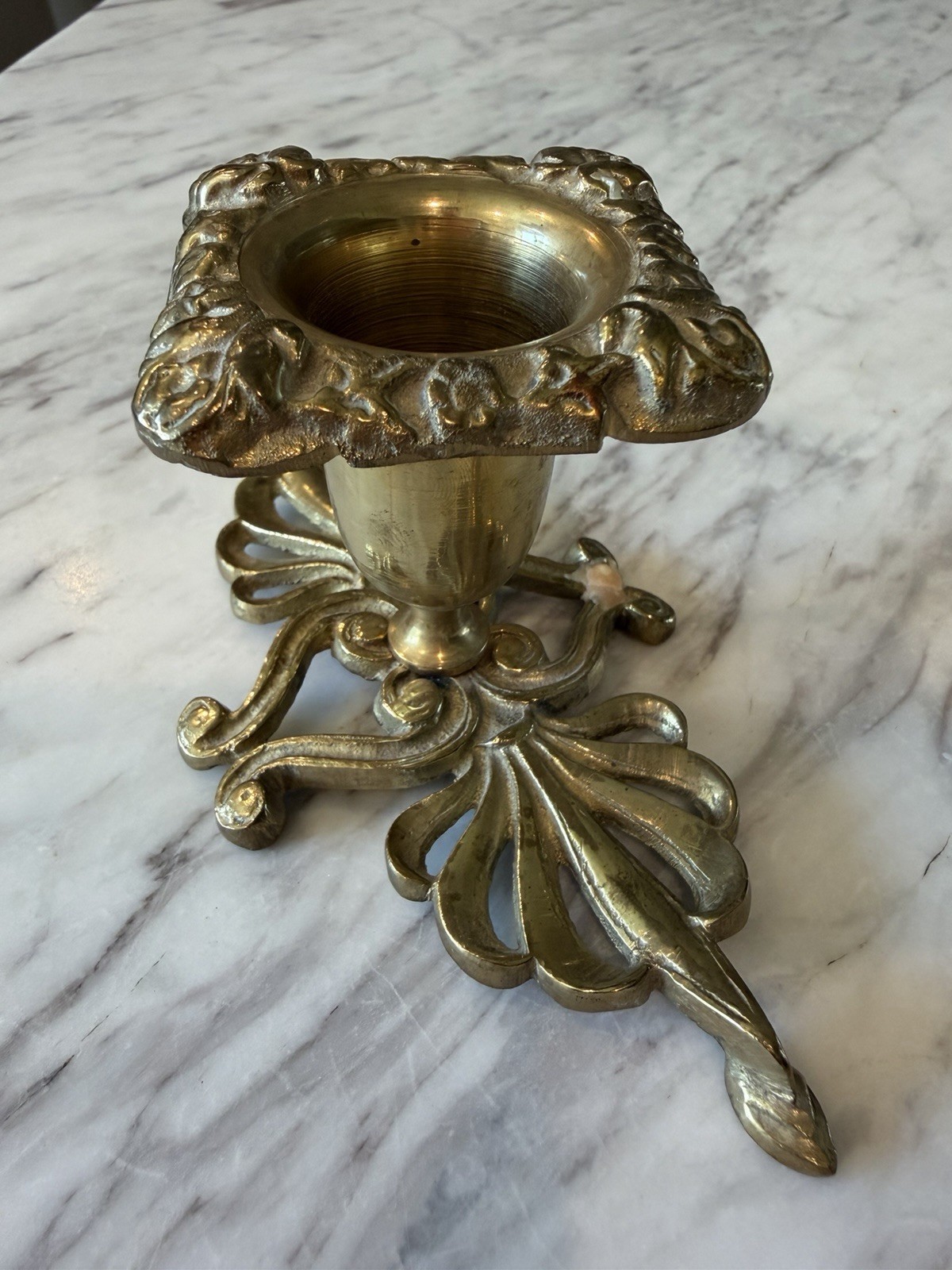 Vintage Ornate Brass Candle Holder Floral Rococo Baroque Scroll Leaf Decor 6.25”