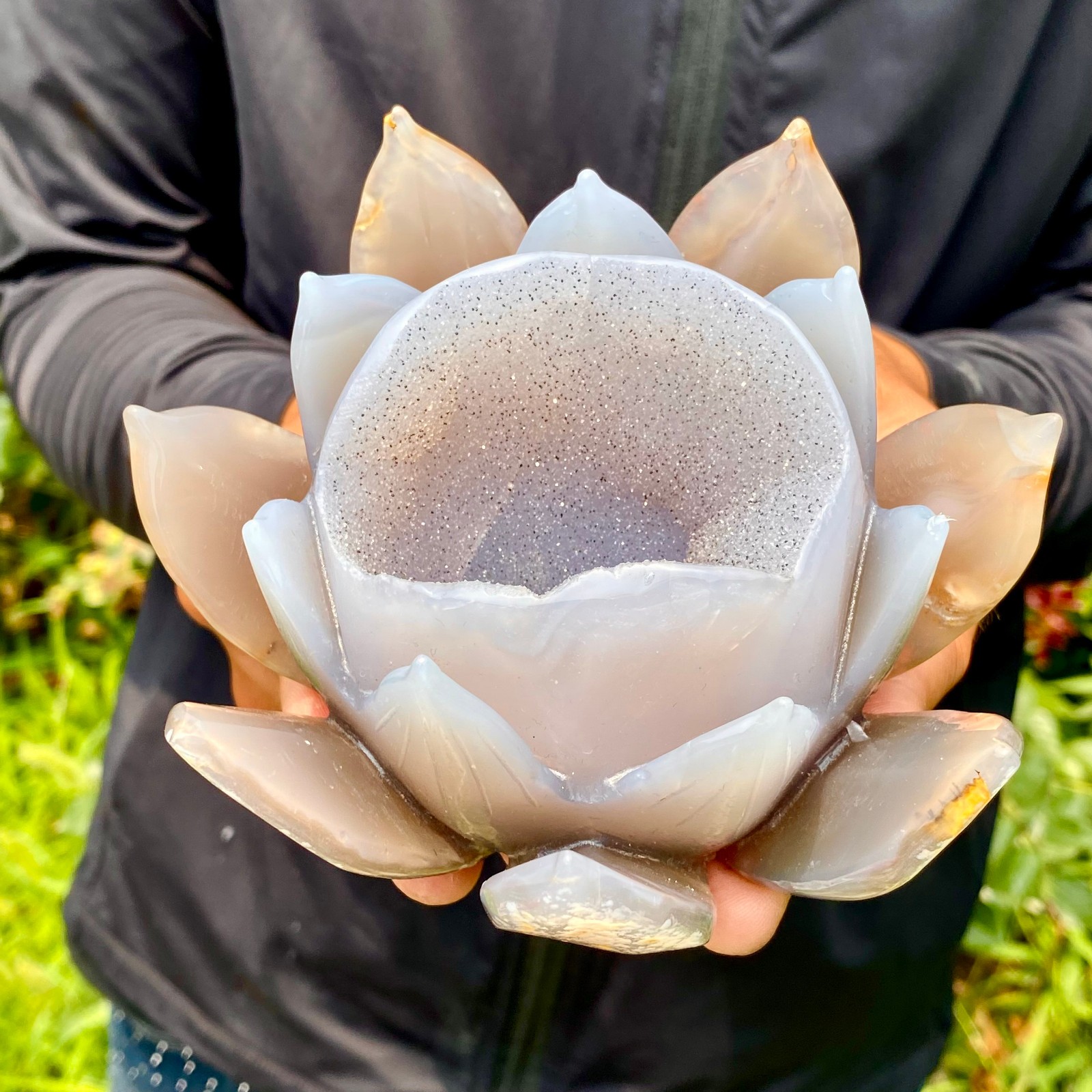 1.5LB  Natural Banded Agate Hand-Carved Lotus Pendant Healing Crystal Ornament G