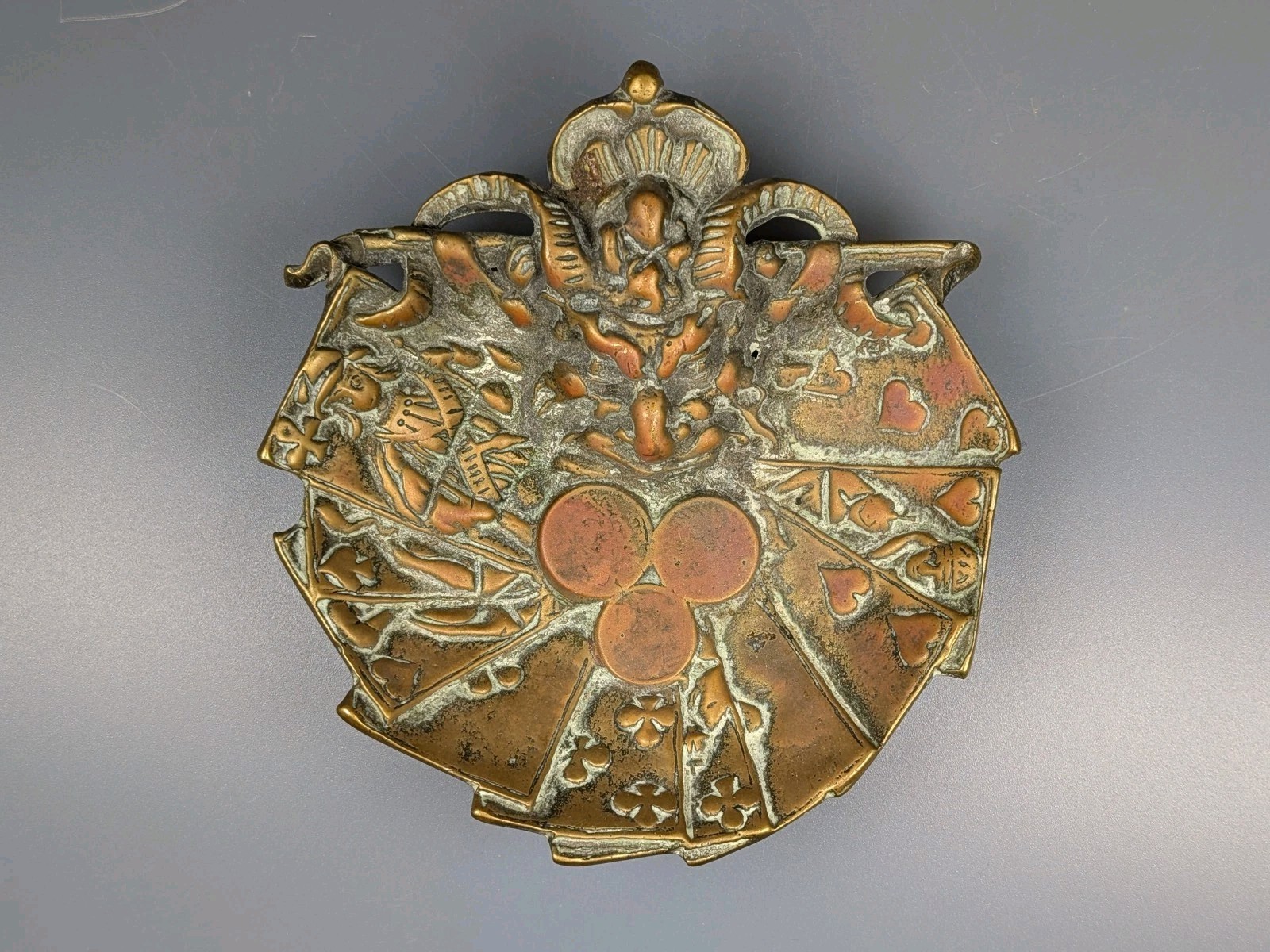 Antique c1920s Cast Brass Devil Cards Dish Ashtray