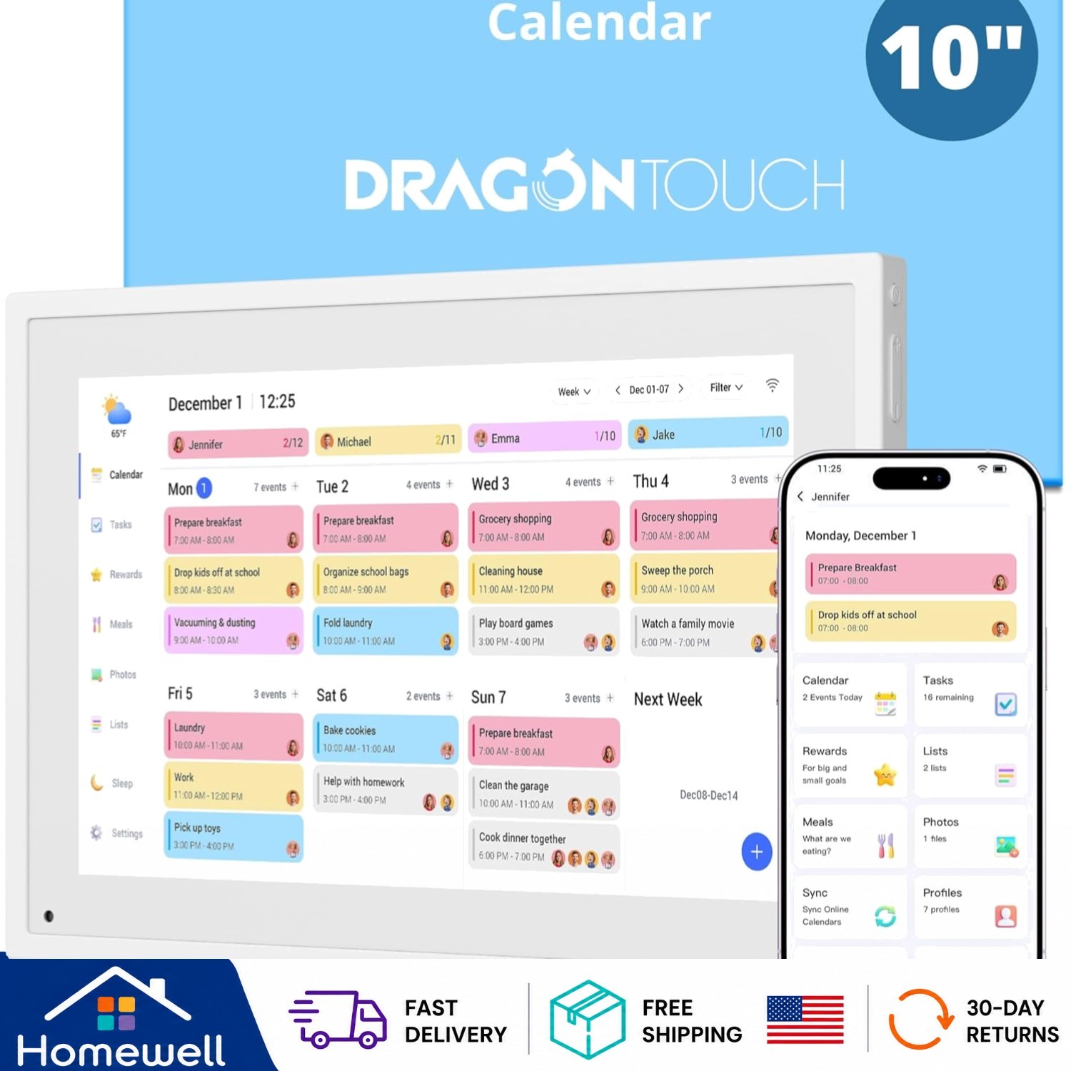 Smart Family Organizer - 10-Inch Touch Screen Calendar with Task Rewards & Sync