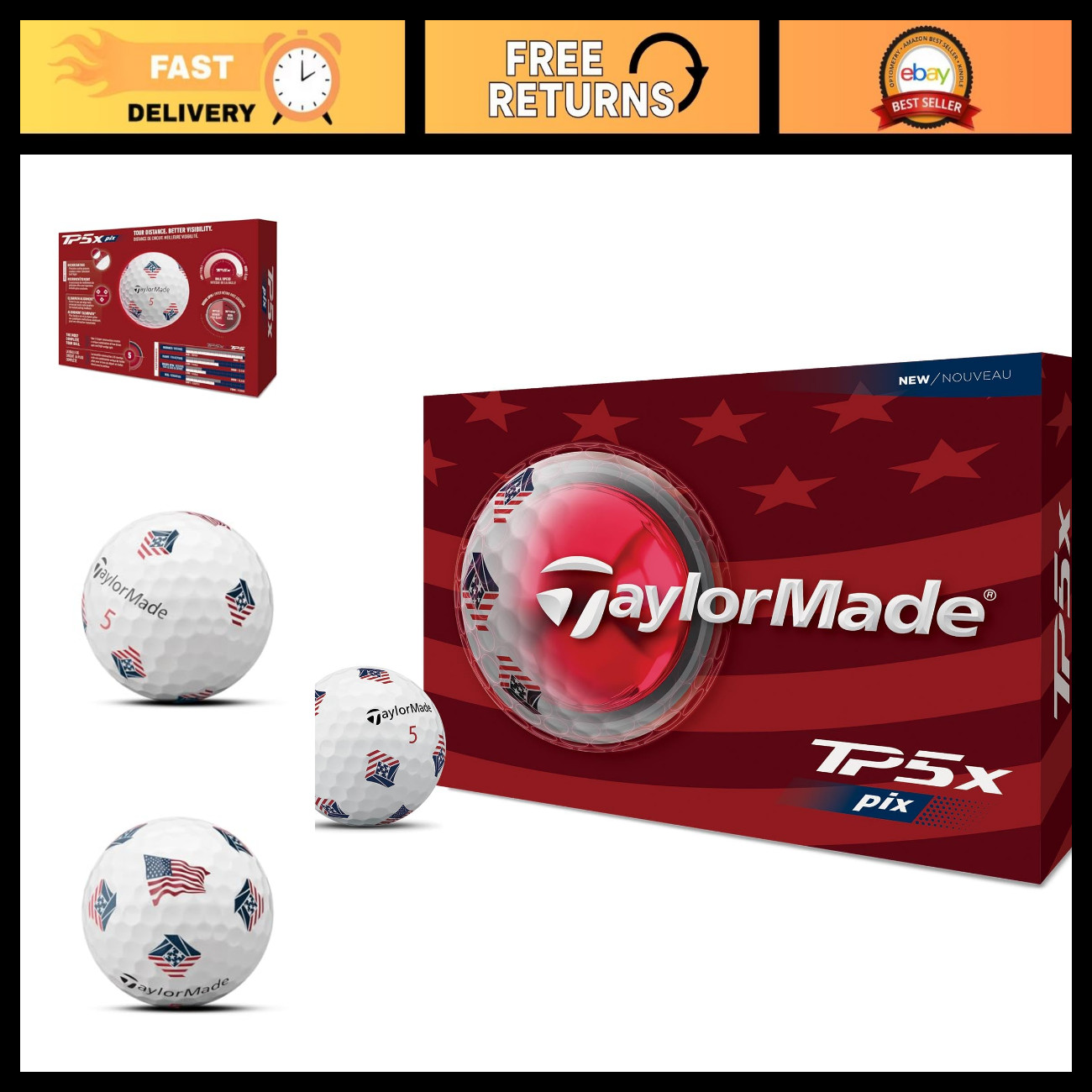 TaylorMade Golf 2024 TP5x PIX USA Golf Balls, Better Visibility, 1 Dozen