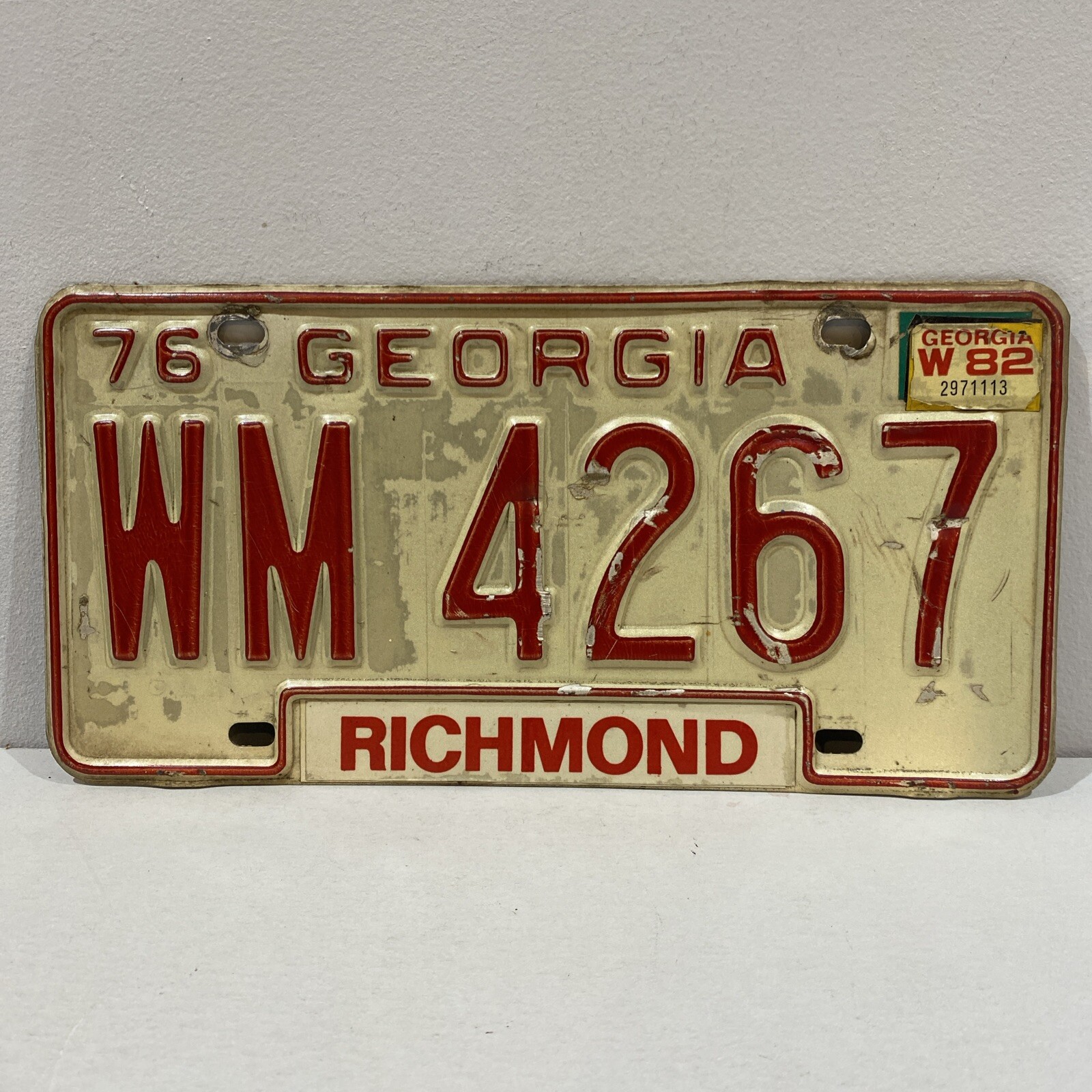 Vintage 1976 Georgia License Plate Tag Richmond County 1982 Sticker Rustic