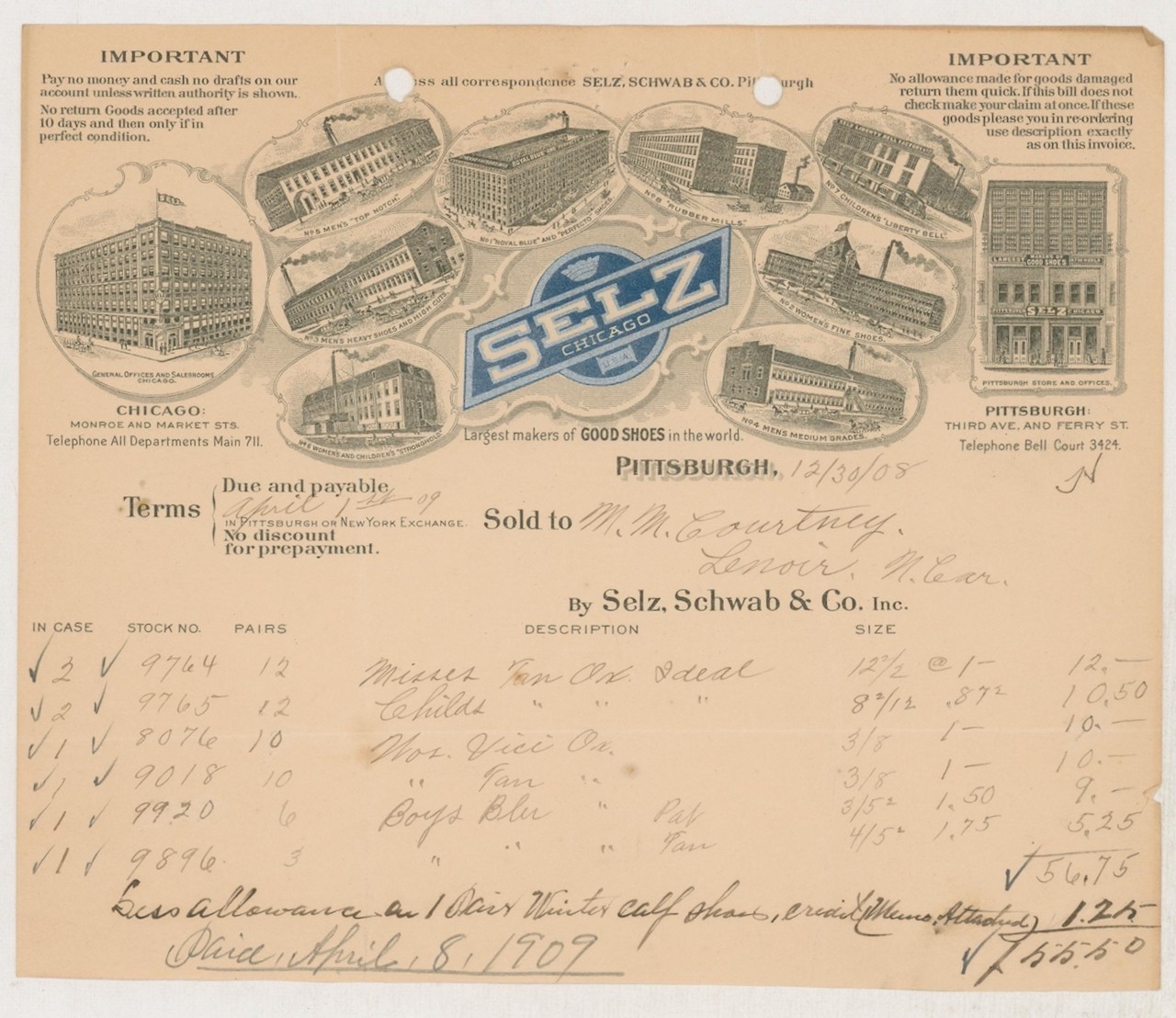 Vintage Antique Historical Document 1908 Selz Schwab & Co., Chicago Shoe Company