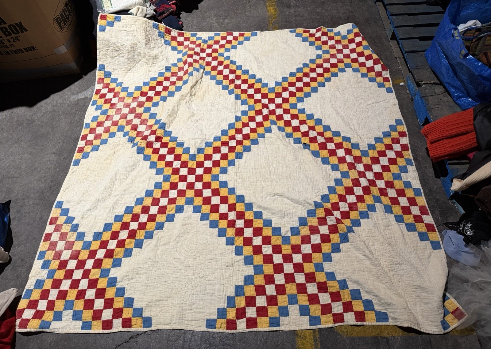 Antique Vintage Handmade Double Irish Lattice Quilt Multicolor 81X77