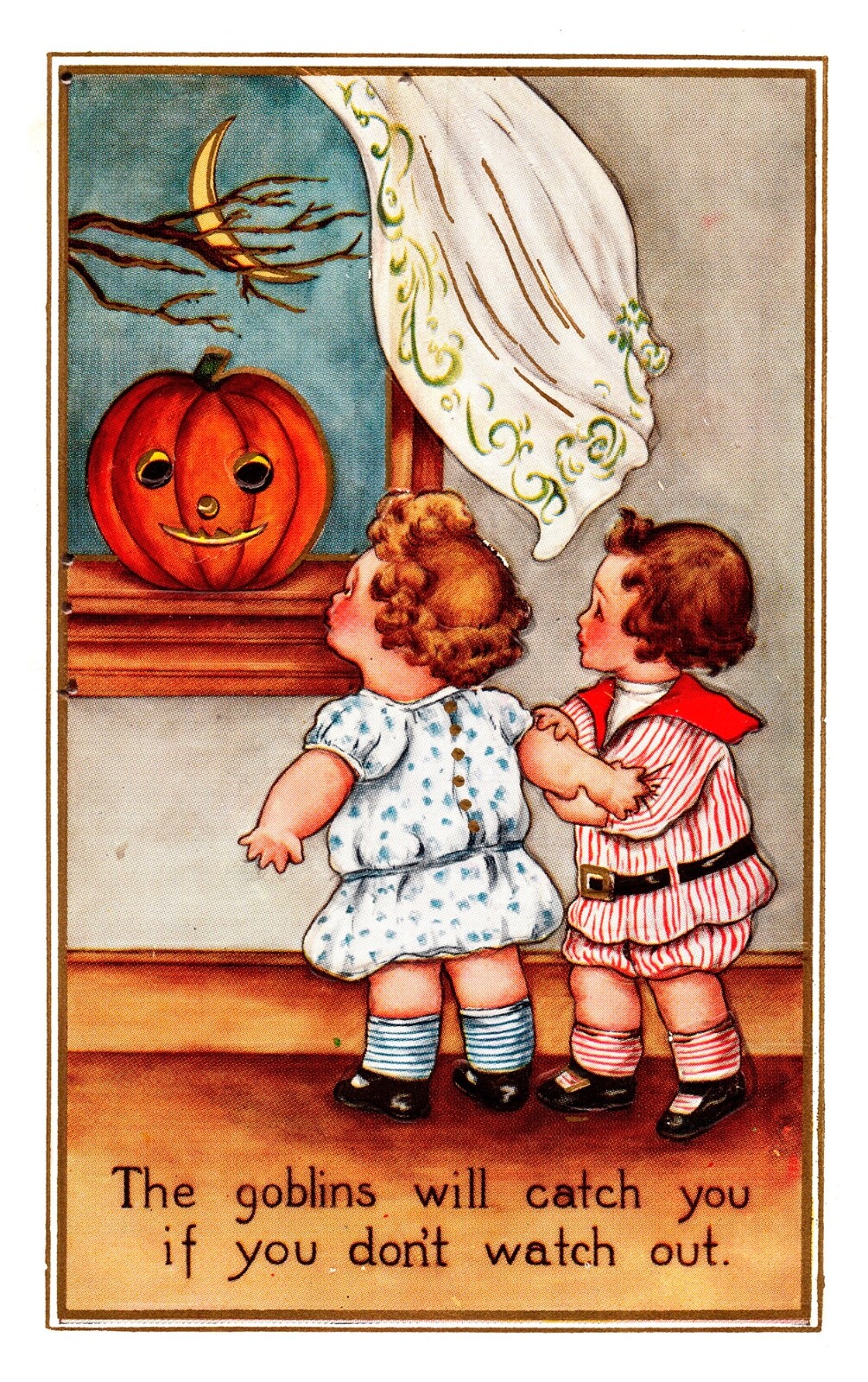 Vintage Whitney Adorable Scared Girl & Boy, JOL,Pumpkin, Moon Halloween Postcard