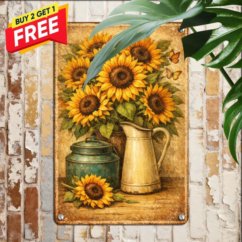 Warm Yellow Sunflower Pitcher Still Life Tin Sign Farmhouse Kitchen Decor