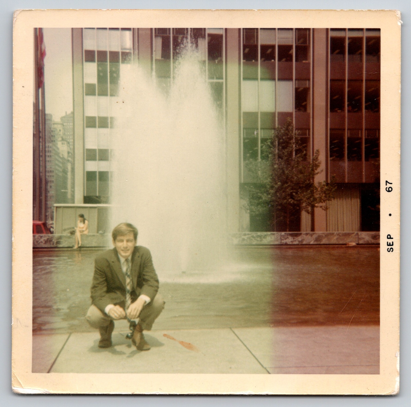 Vintage 1967 Man in Suit at Modernist Plaza Fountain Color Old Snapshot Photo