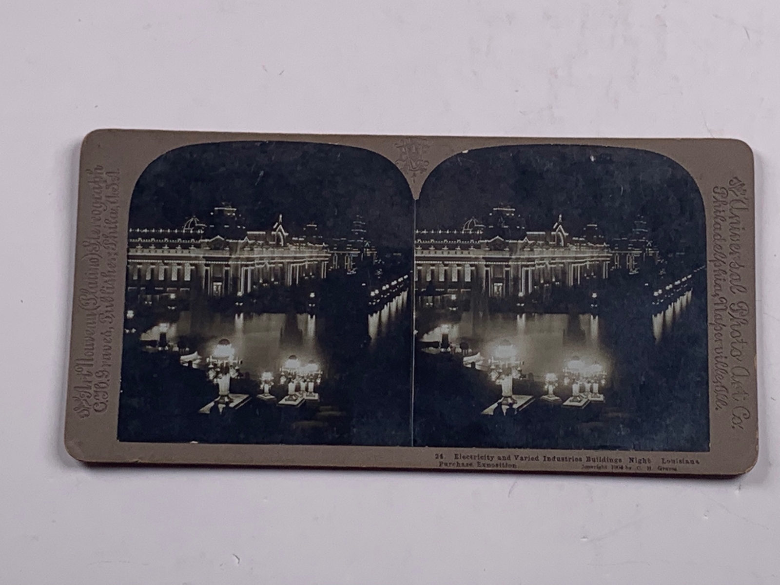 Stereoview Photo Louisiana Purchase Exposition Electicity + Industries at Night 