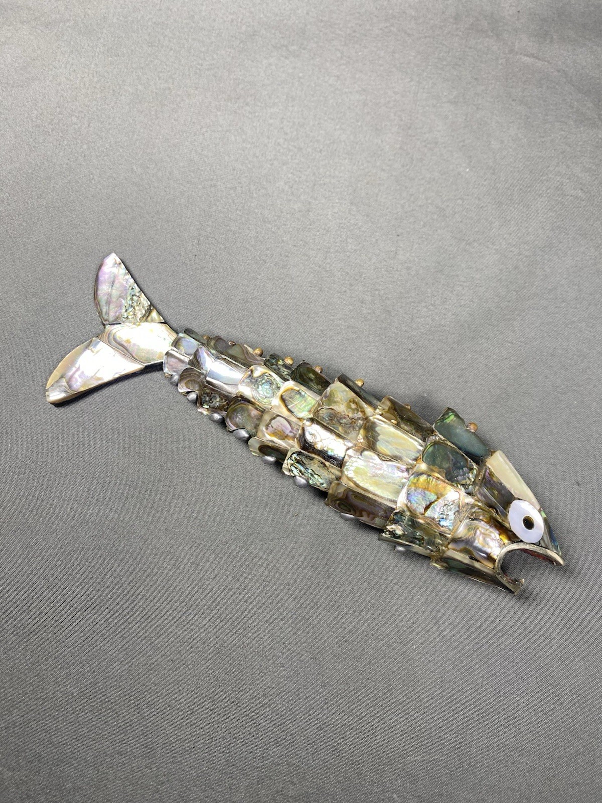 Vintage Mother Of Pearl Abalone Jointed Articulated Fish Bottle Opener 7 Inch