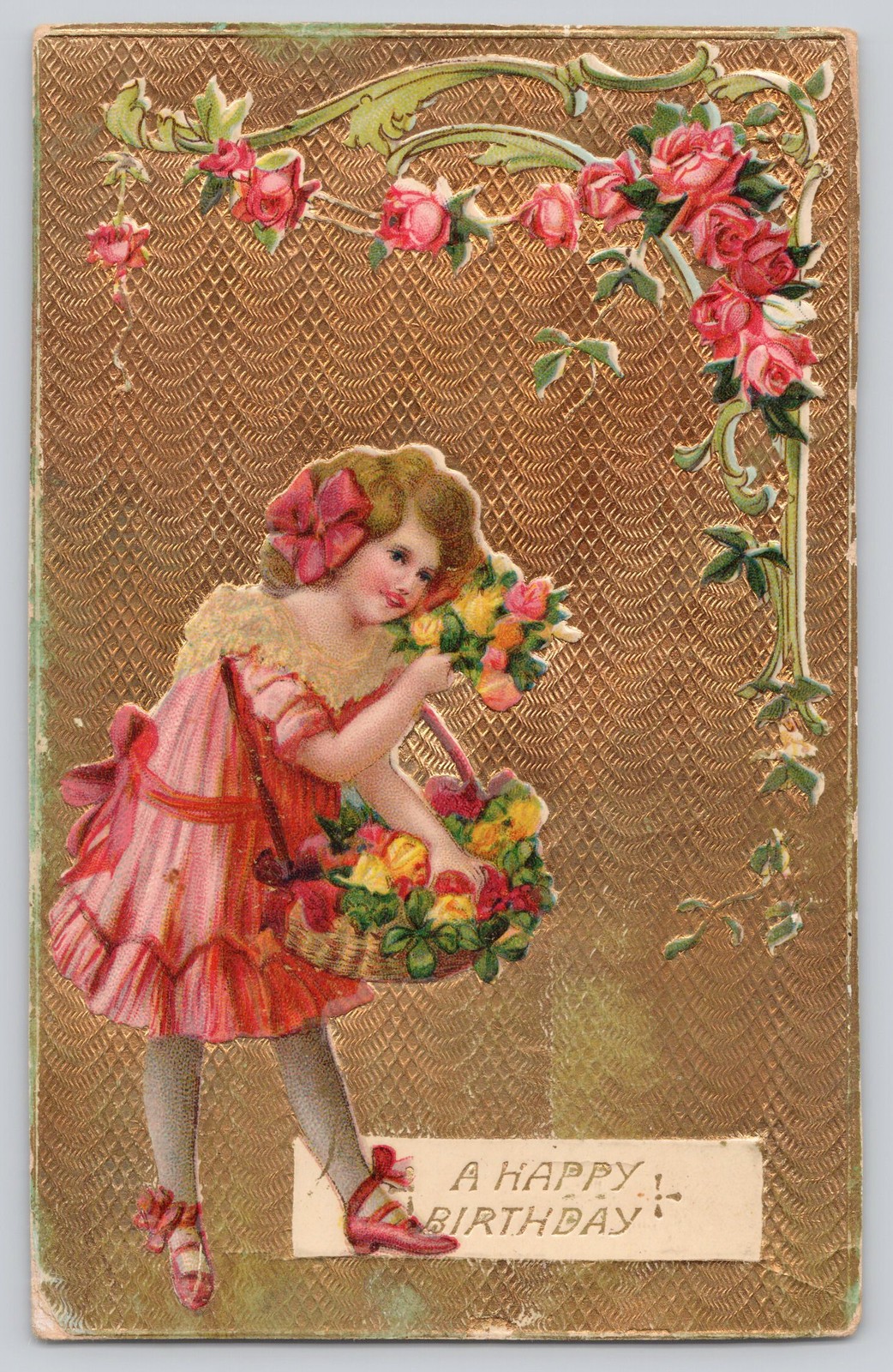 Happy Birthday Girl Flower Basket Gold Embossed Postcard 1912 Germany