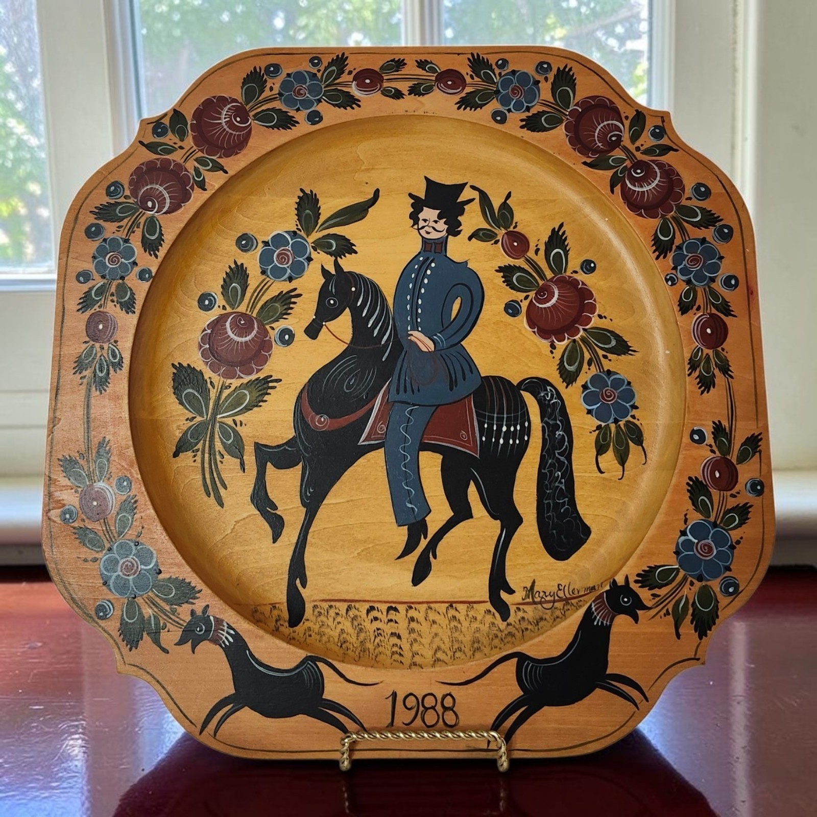 Vtg Rosemaling Wood Plate Hand Painted  1988 Signed Mary Ellerman 12.75