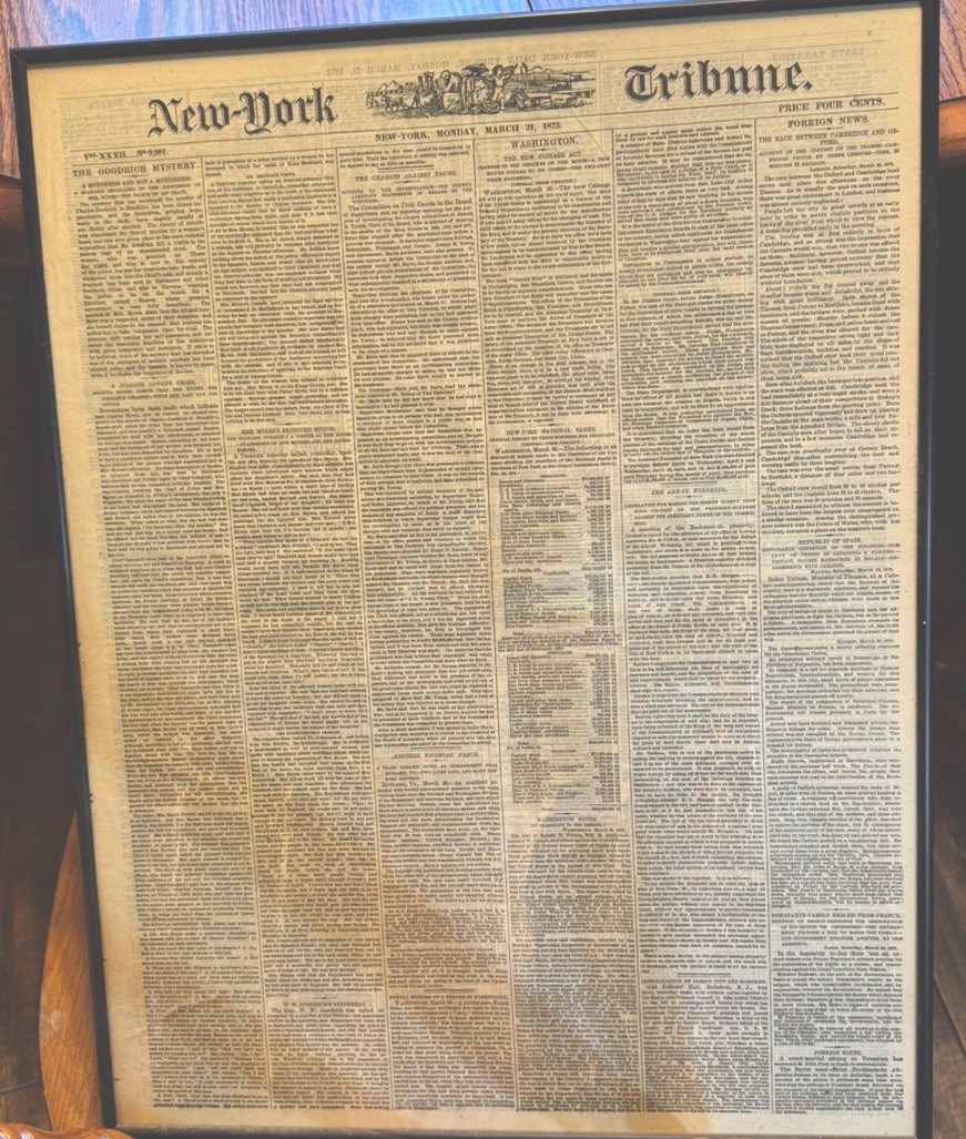 New York Tribune/March 31, 1873/Framed/Certificate Of  Authenticity