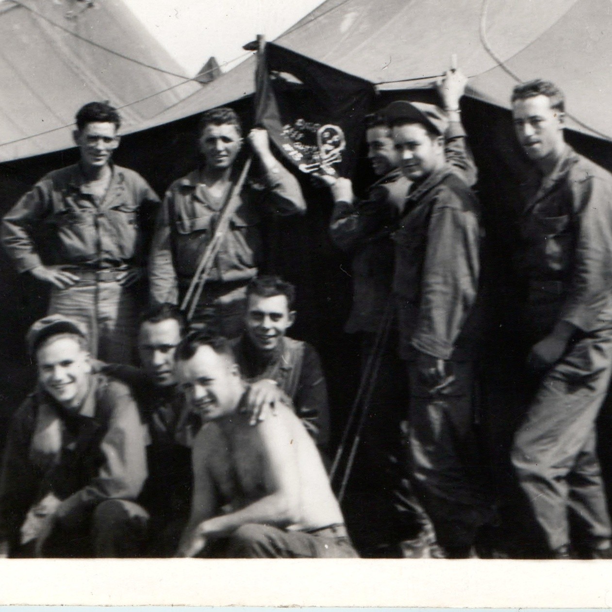 c1940s WWII US Army Soldiers Skull Jolly Roger Flag Tent Camp Snapshot Photo Vtg