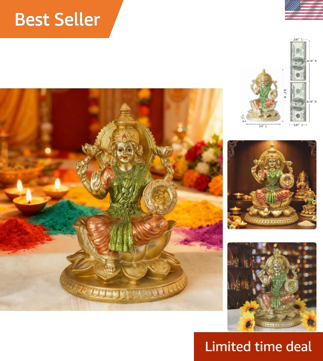 Compact 8.3'' Lakshmi Statue - Perfect Decor for Altar & Meditation Spaces