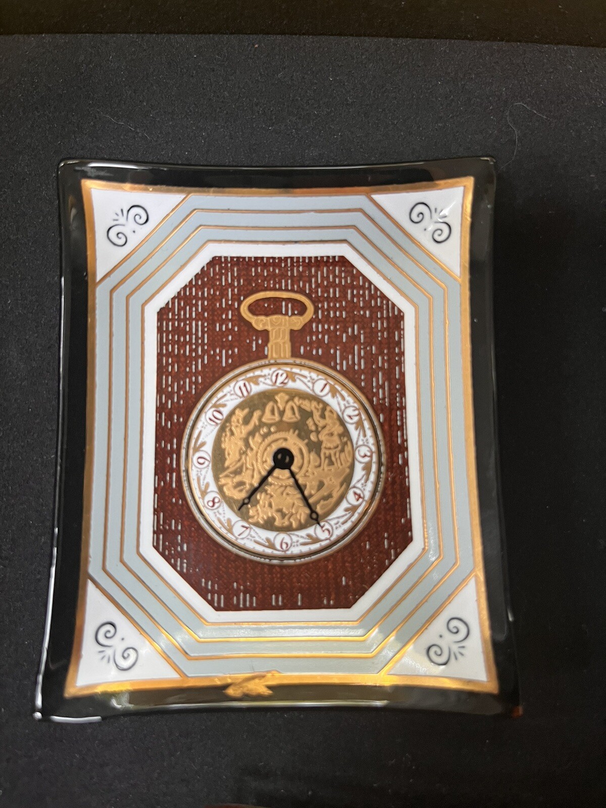 Vintage Houze Art Glass Trinket Dish Pocketwatch Time 60s Alice Clock