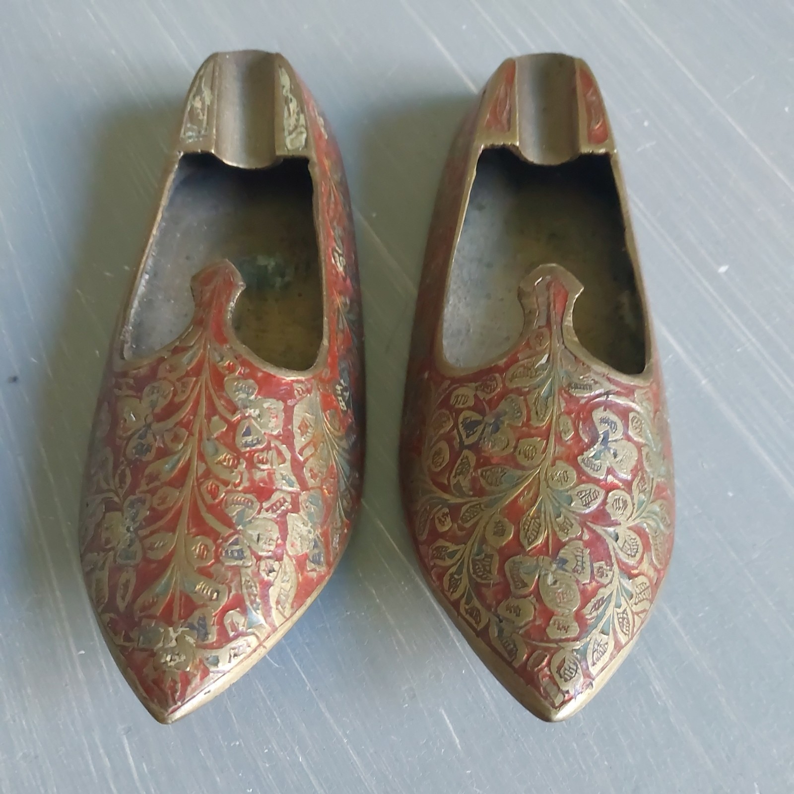 Vintage Brass Enamel Shoe Ashtrays (Pair) India 3.75 X 1.5\