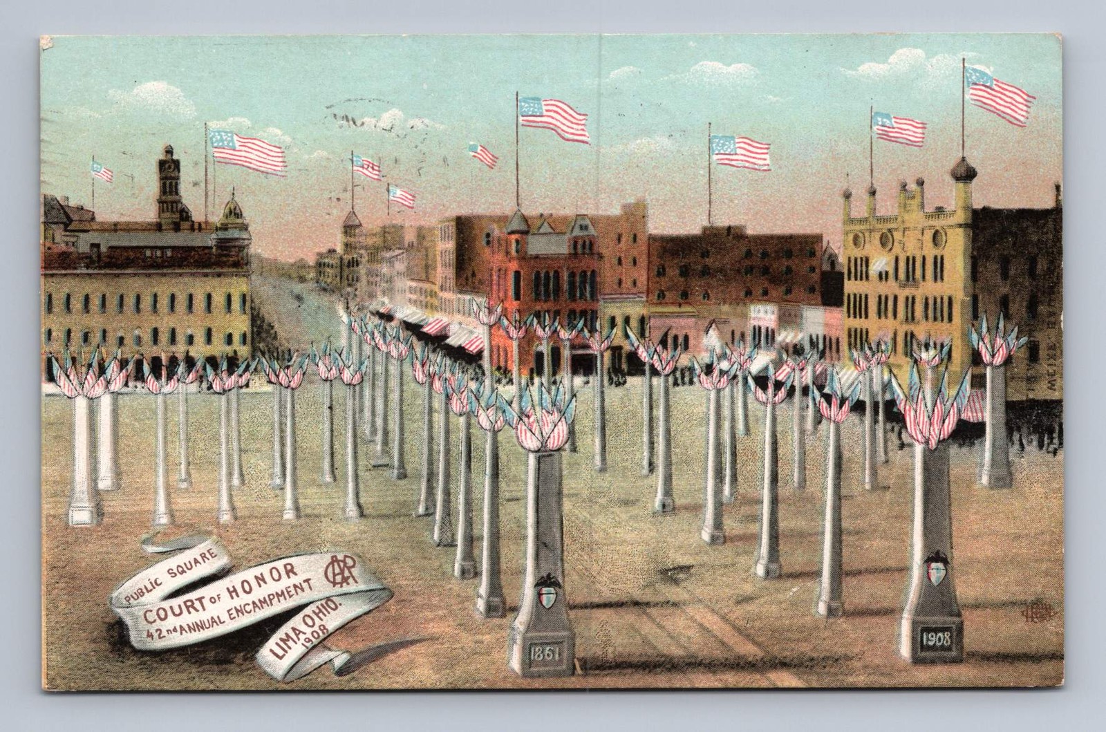 Antique Ohio Postcard LIMA Court of Honor Gar Encampment 1908 to Rochester NY