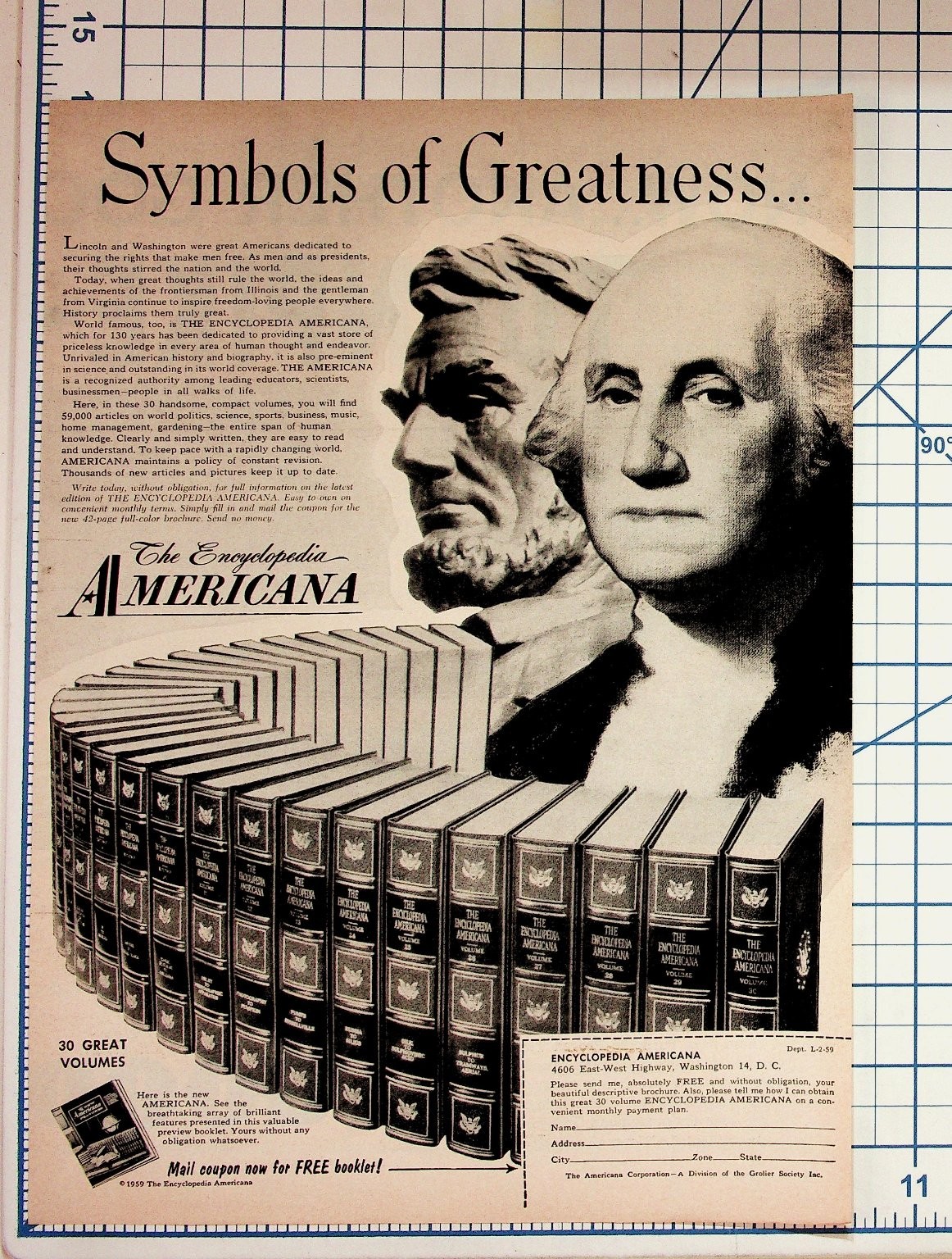 1959 Encyclopedia Americana Print Ad Lincoln Washington Symbols of Greatness