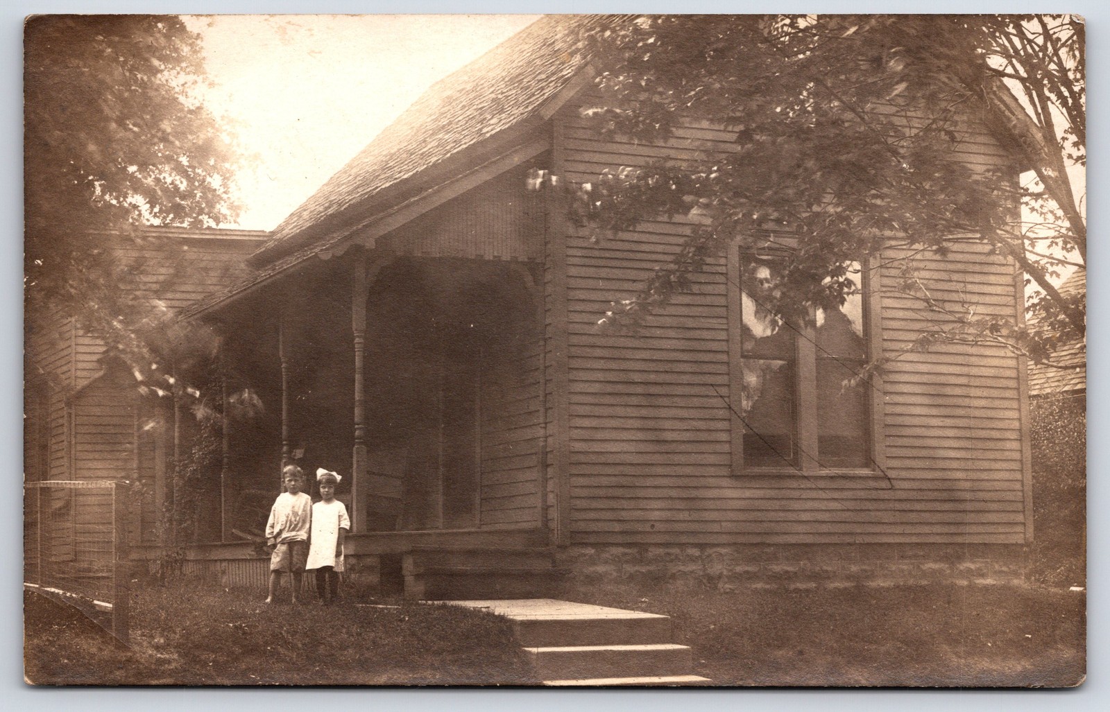 Antique RPPC Two Children Outside House Real Photo Postcard Vintage Home