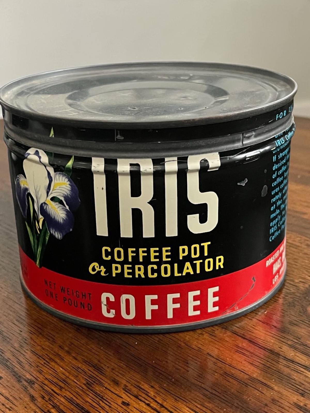 Vintage Iris Coffee Tin 1 Lb Haas Baruch Los Angeles Antique Flower Can