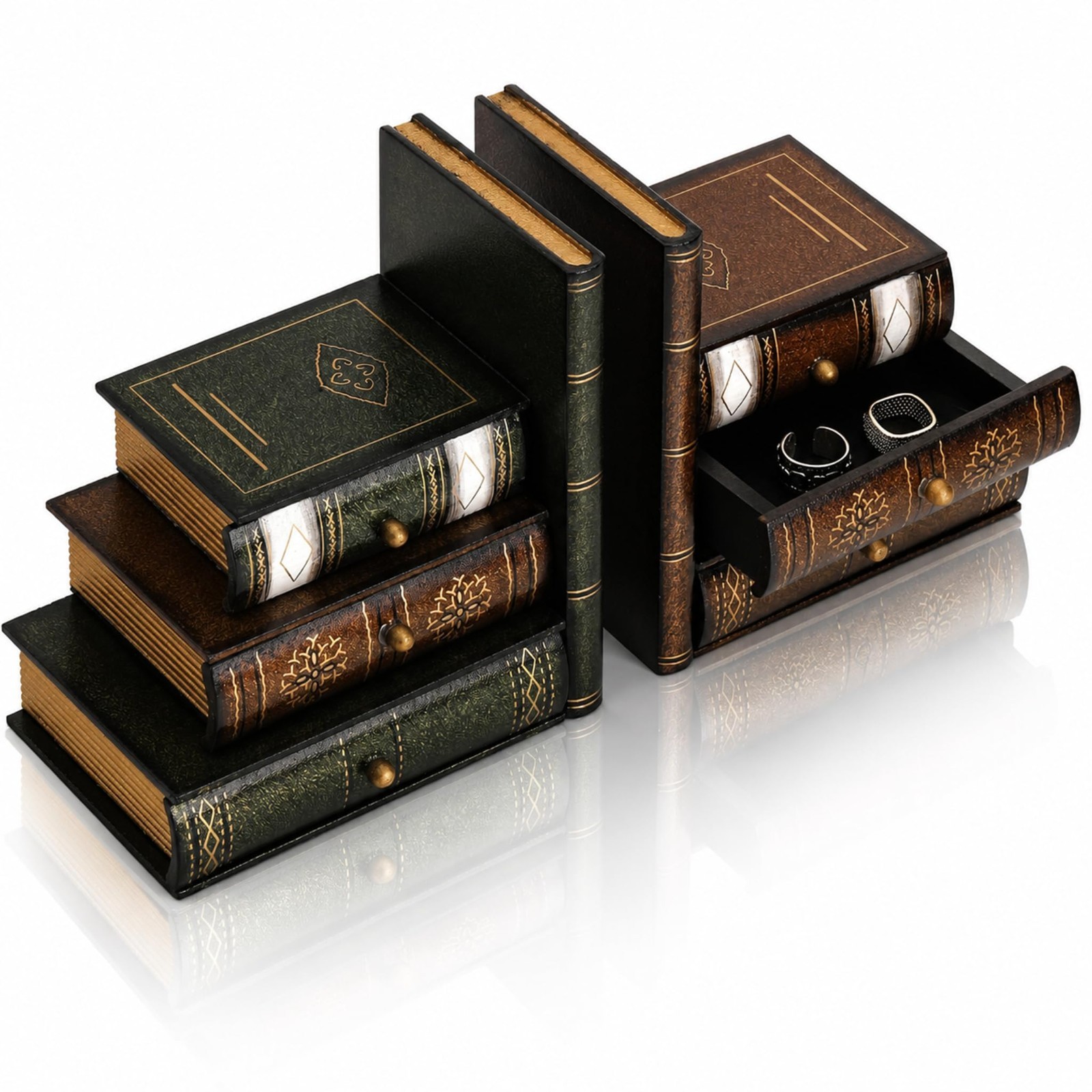 Vintage Wooden Bookends with Hidden Storage Drawers - Decorative Desk Organizer