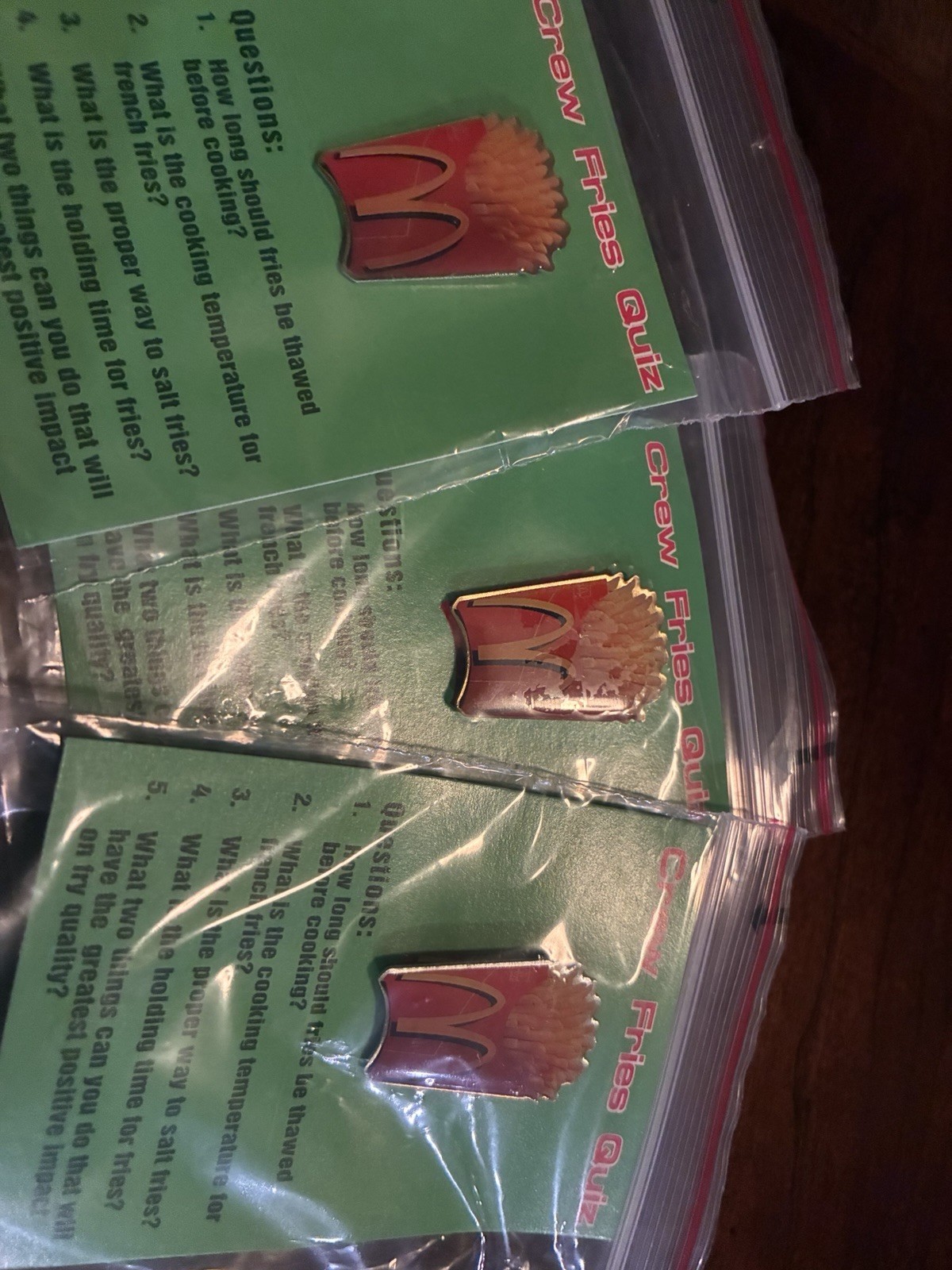 New Vintage McDonald\'s Employee Lapel Pins Hat Crew Fries Quiz on Card Lot of 3
