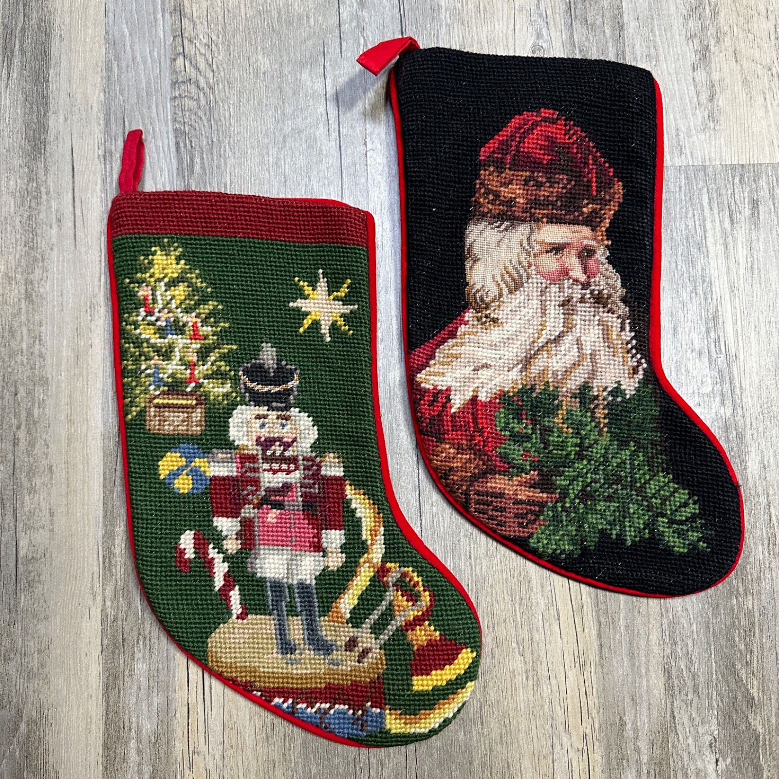 Vtg Small Needlepoint Christmas Stockings Old World Santa and Nutcracker 12\