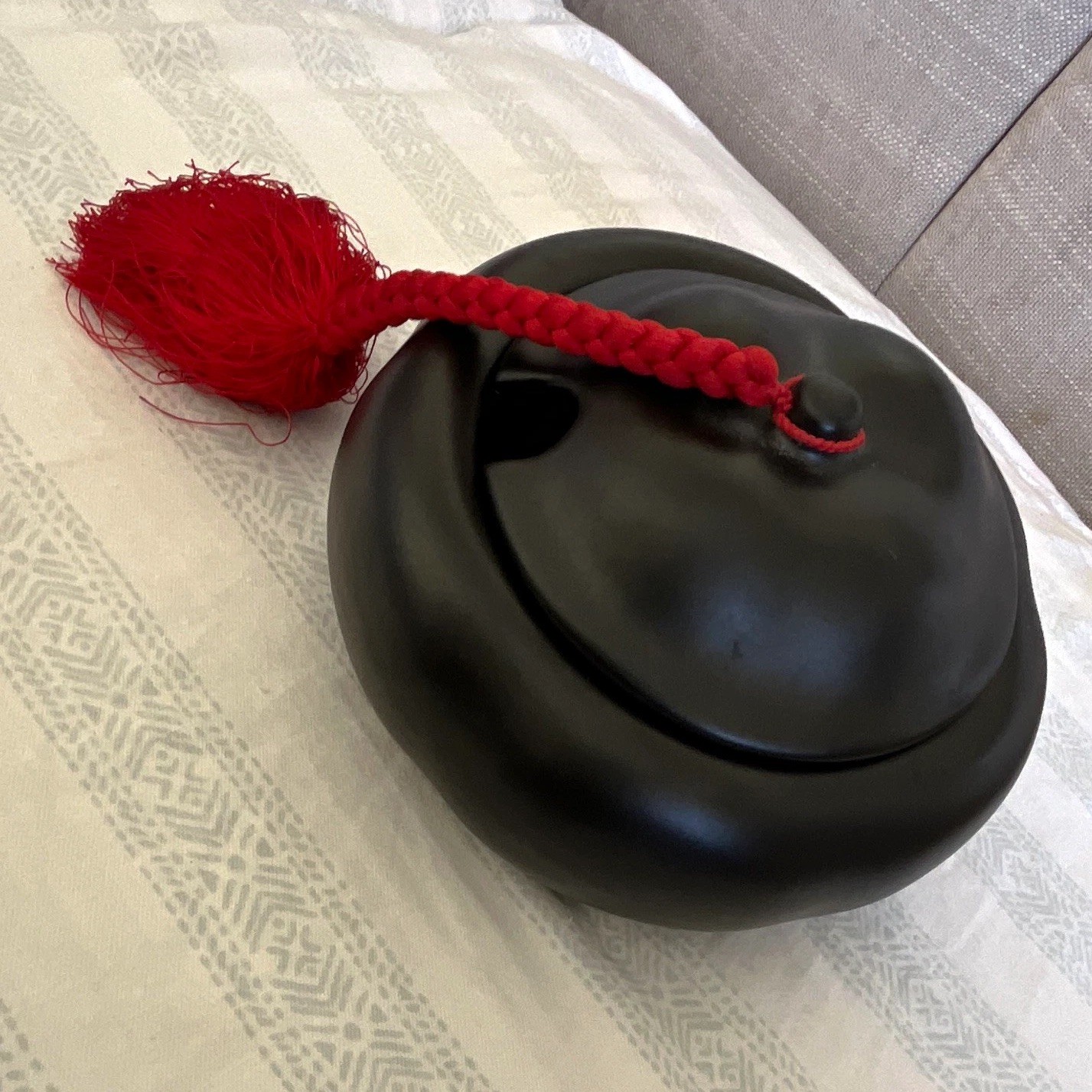 L. Peretti for Tiffany Black Ceramic Lidded Pumpkin Jar Red Tassel Italy 