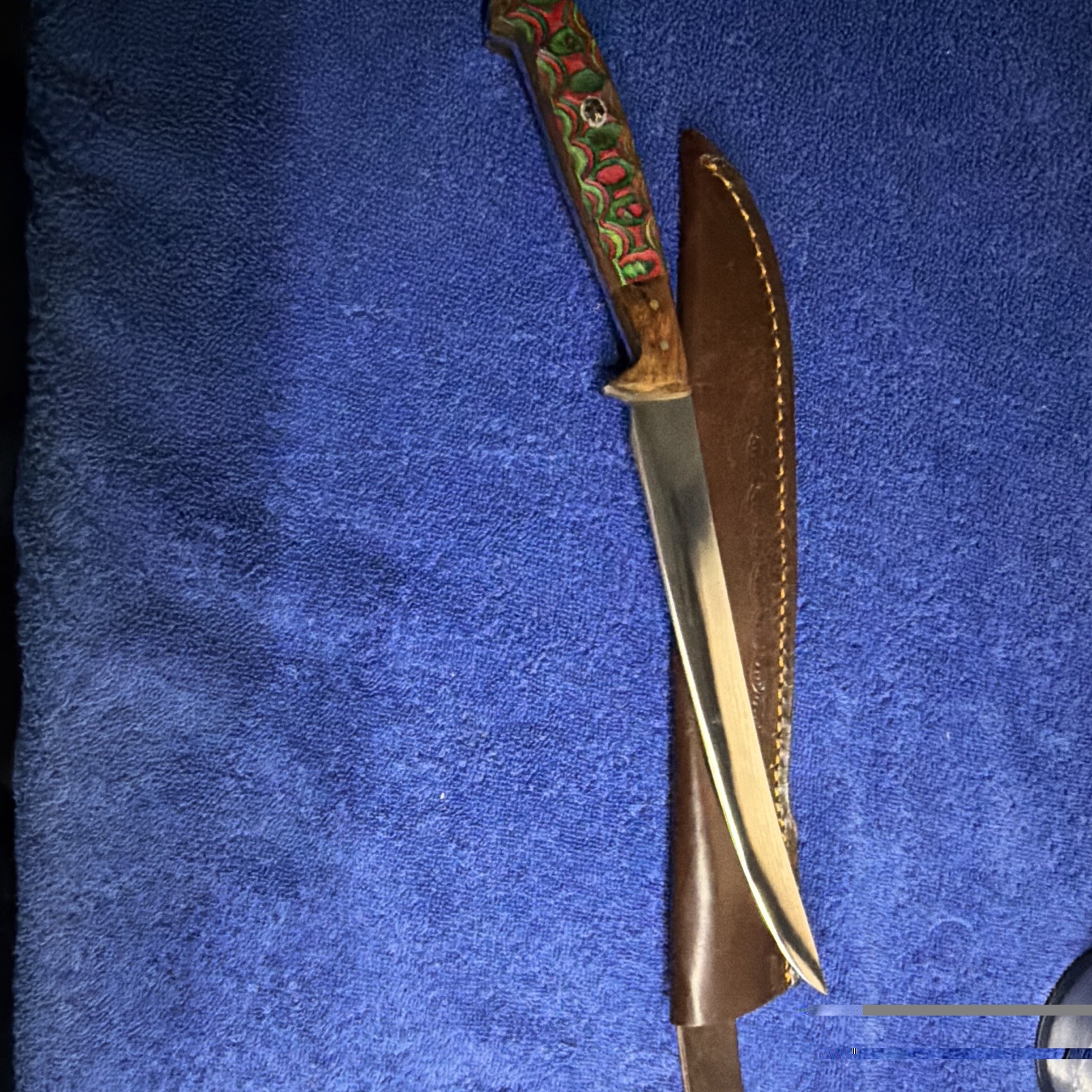 Fillet Knife Custom W/ Leather Sheath Wood Handle Full Tang