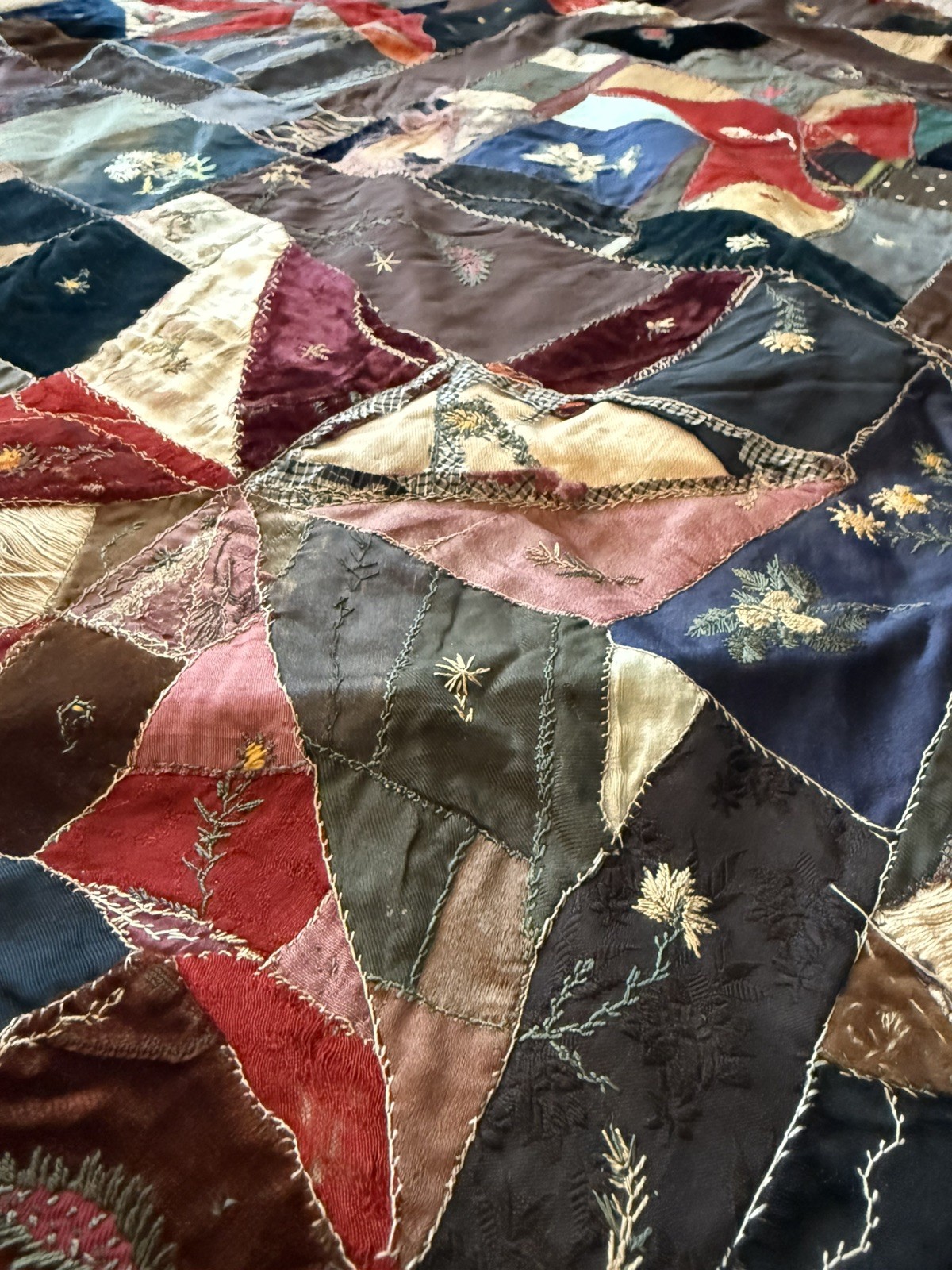 Antique c1884 Victorian Crazy Quilt Silk Velvet Embroidery Blaine Logan Campaign