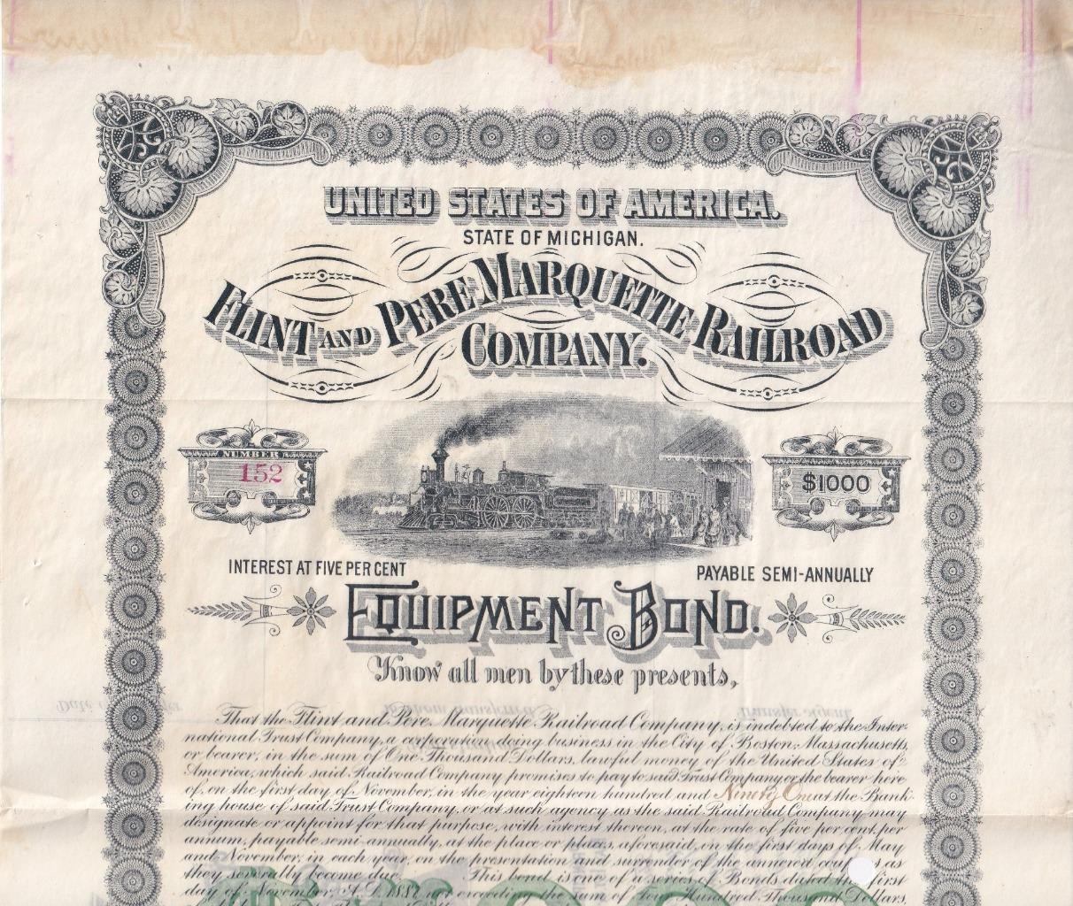 1881 Flint & Pere Marquette Railroad Company bond - Michigan