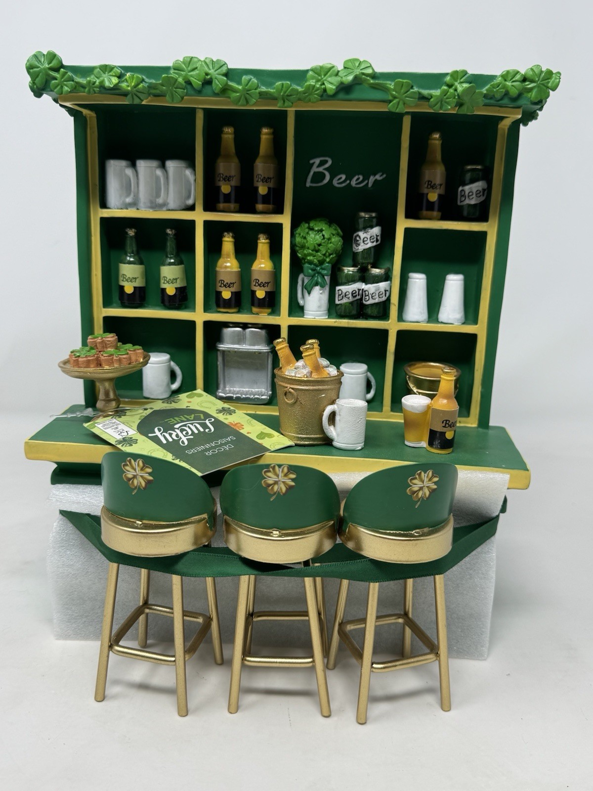 Lucky Lane St Patricks Day Miniature Bar and Stools Green Clover Decor Irish new