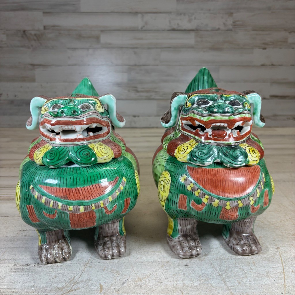 Pair Chinese Polychrome Porcelain Foo Dog Guardian Lion Hollow Censer Figures