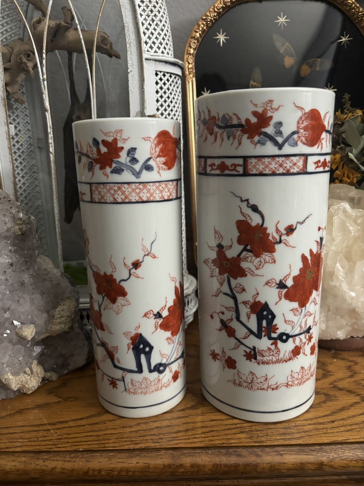 Vintage Robinson's Hand Painted Porcelain Cylinder Vases Pair Brush Pots Decor
