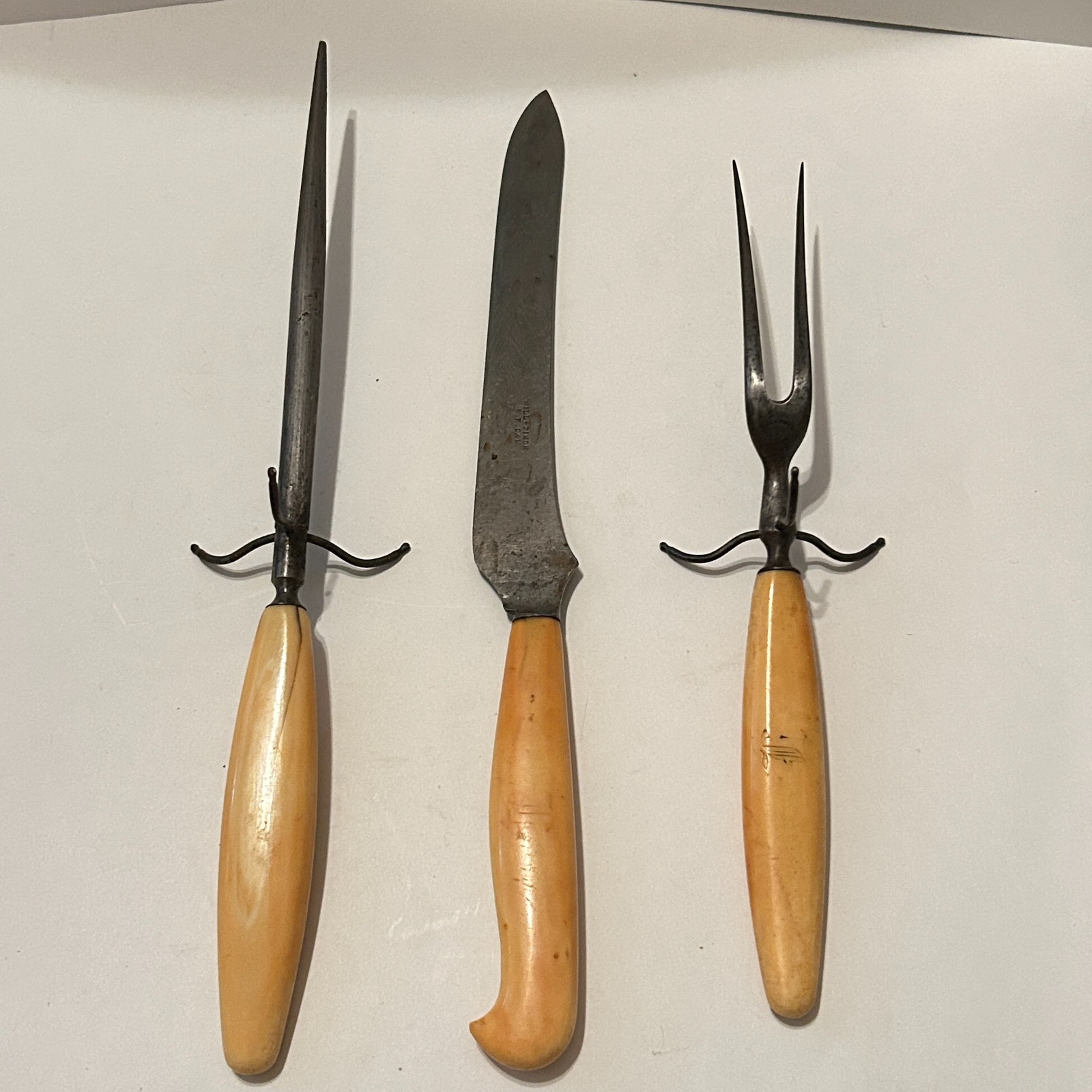 Antique 19th Century WILL & FINCK SF CAL Carving Fork Knife Sharpener Set