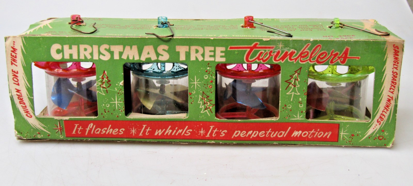 Set 4 Vintage Hard Plastic Spinner Twinkler Birdcage Christmas Ornaments w Box