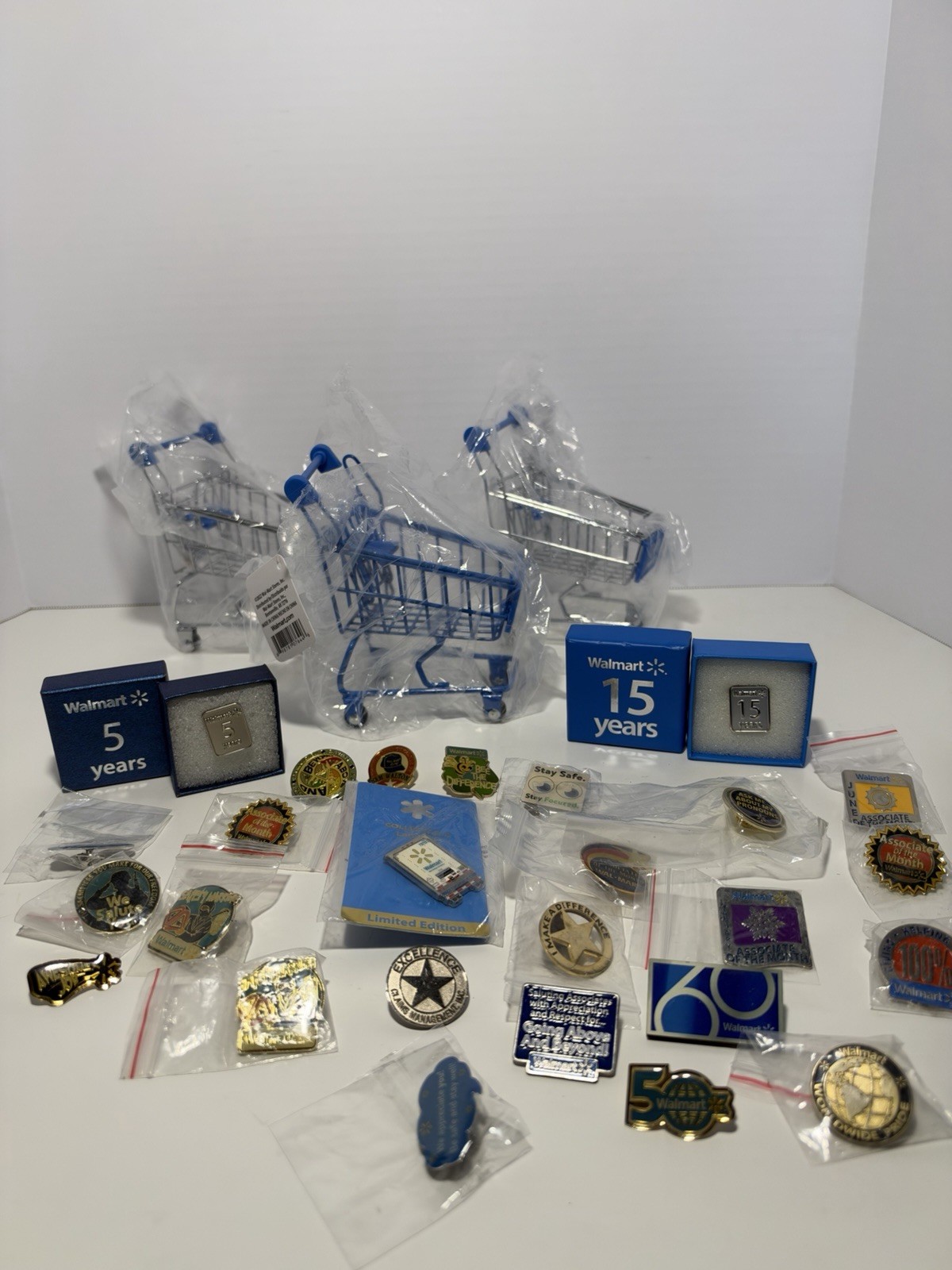 26 Vintage Walmart Associate Lapel Pins And 3 Shopping Carts. Most Never Used