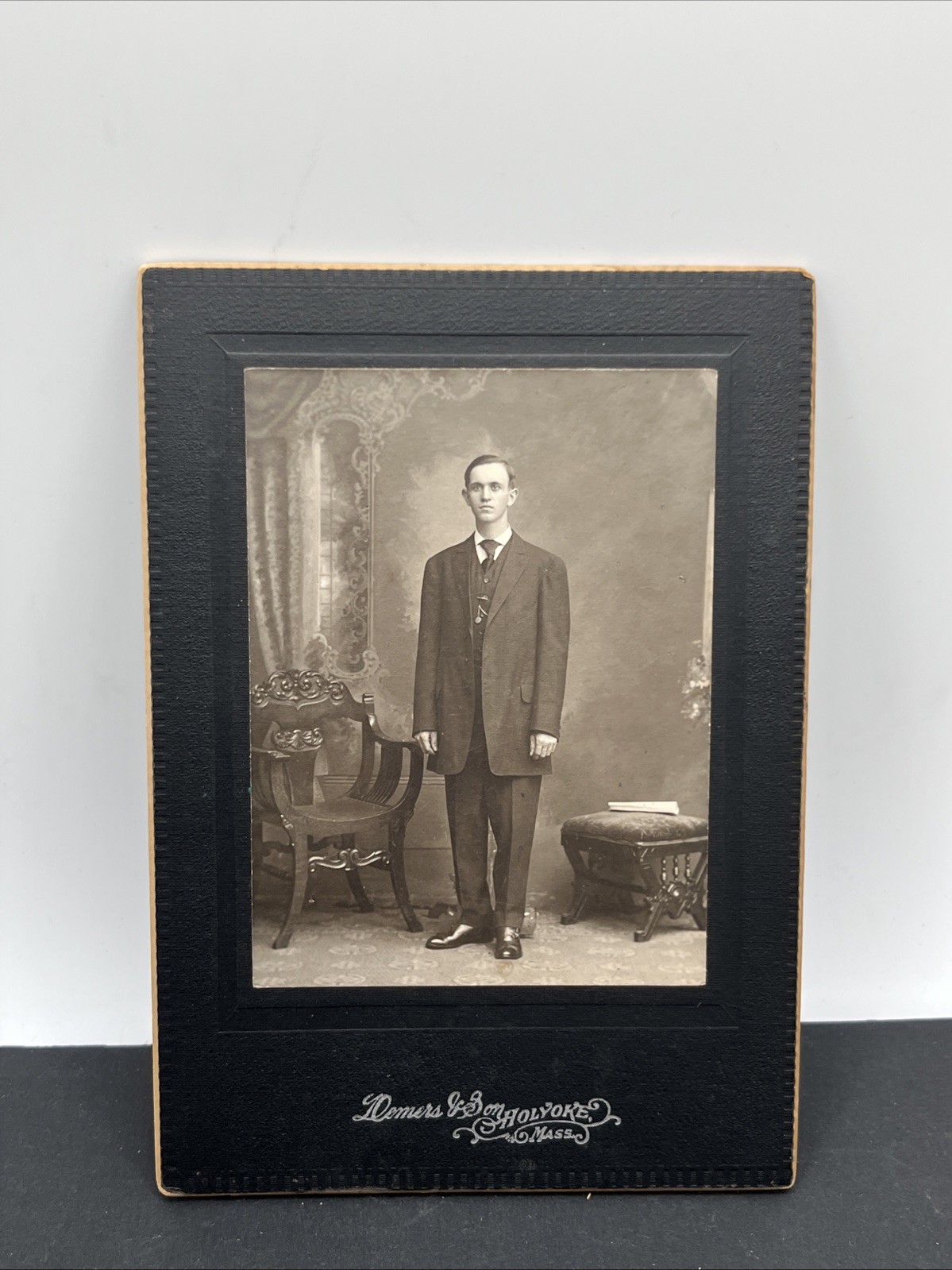 Antique Cabinet Card Photograph Tall Young Man In Suit Holyoke MA Massachusetts