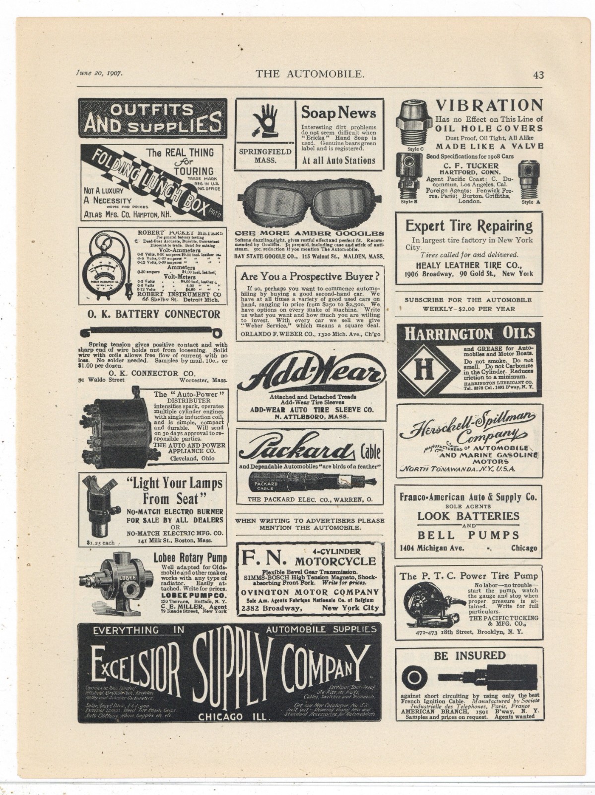 1907 Excelsior Supply Co. of Chicago Ad: Everything in Auto Supplies