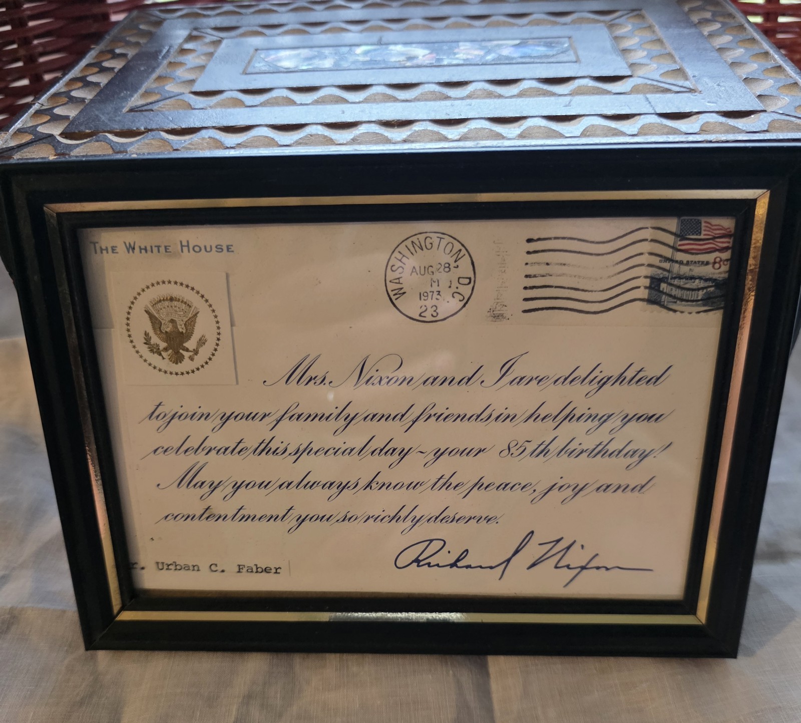 framed personal letter from the White House, dated thanking Mr. Urban C. Faber 