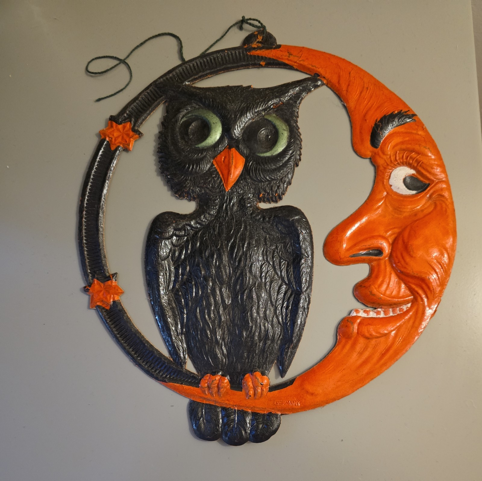 RARE Vintage Antique Halloween Owl & Crescent Moon Diecut Decoration Germany 20s