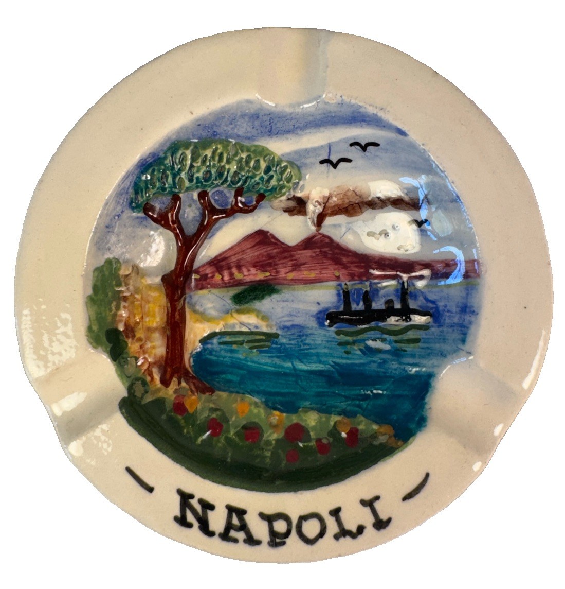 Vintage Napoli Italy Hand Painted Ceramic Ashtray Mount Vesuvius Souvenir