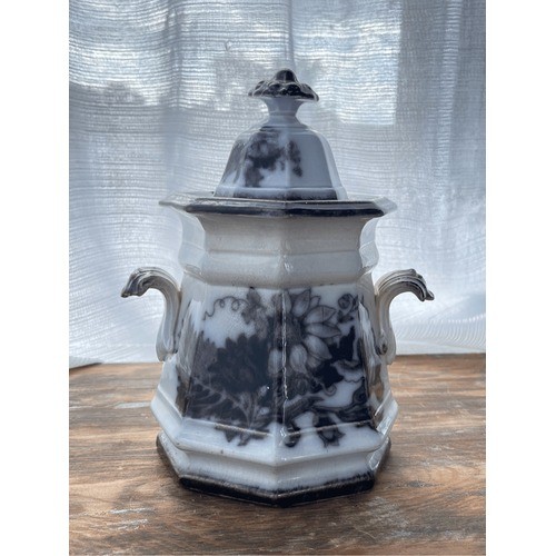 Vintage 1800s Antique Black Transferware Ironstone Sugar Container with Lid