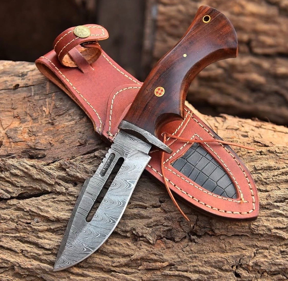 Custom Handmade Damascus Steel Bowie Hunting Knife Rose Wood Handle W/ Sheath