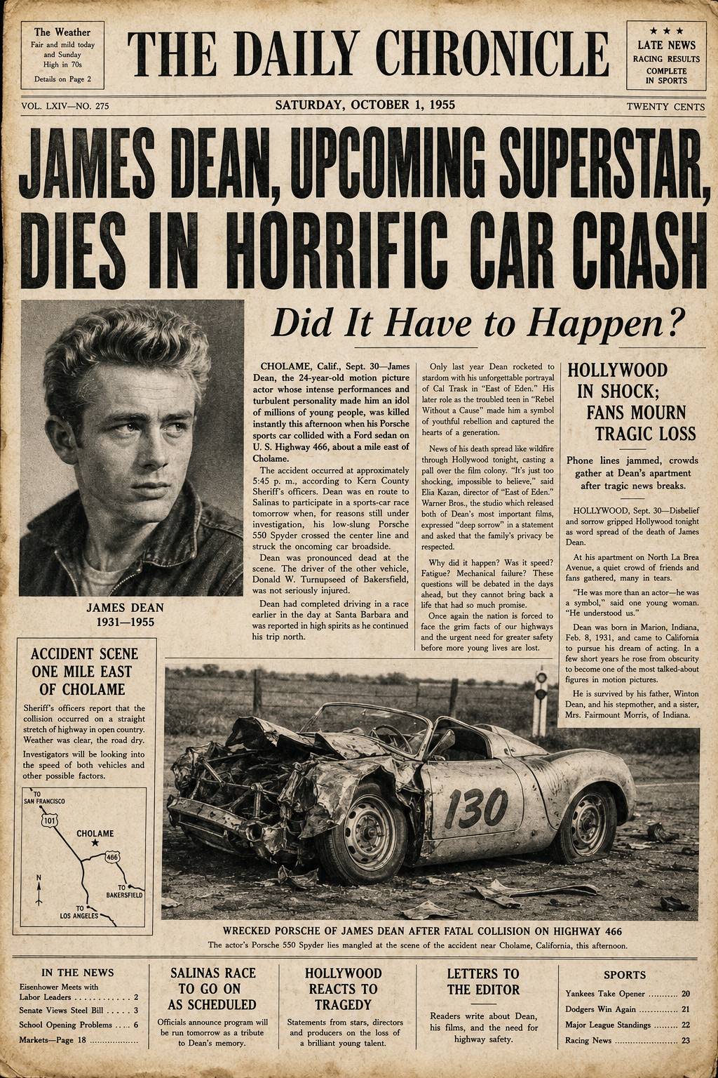 James Dean Dead In Car Crash Headline News Poster up to 24 x 36\