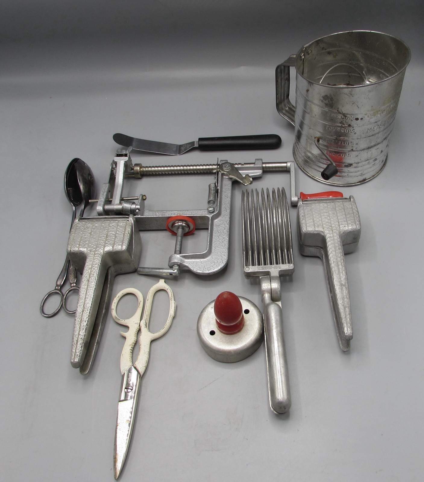 Primitive Kitchen Utensil Tool Lot 9 Pcs Tin Steel Patina Wood Wire Antique VTG